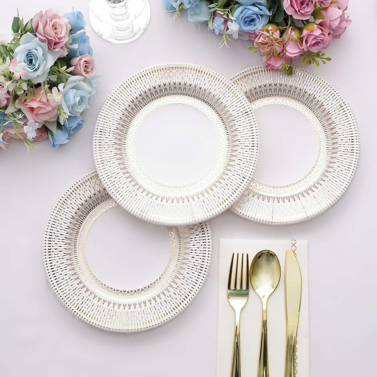 25-Pack Paper 8" Round Dessert Plates in White with Gold Vintage Porcelain Style Rim - Disposable 300GSM Salad Appetizer Plates