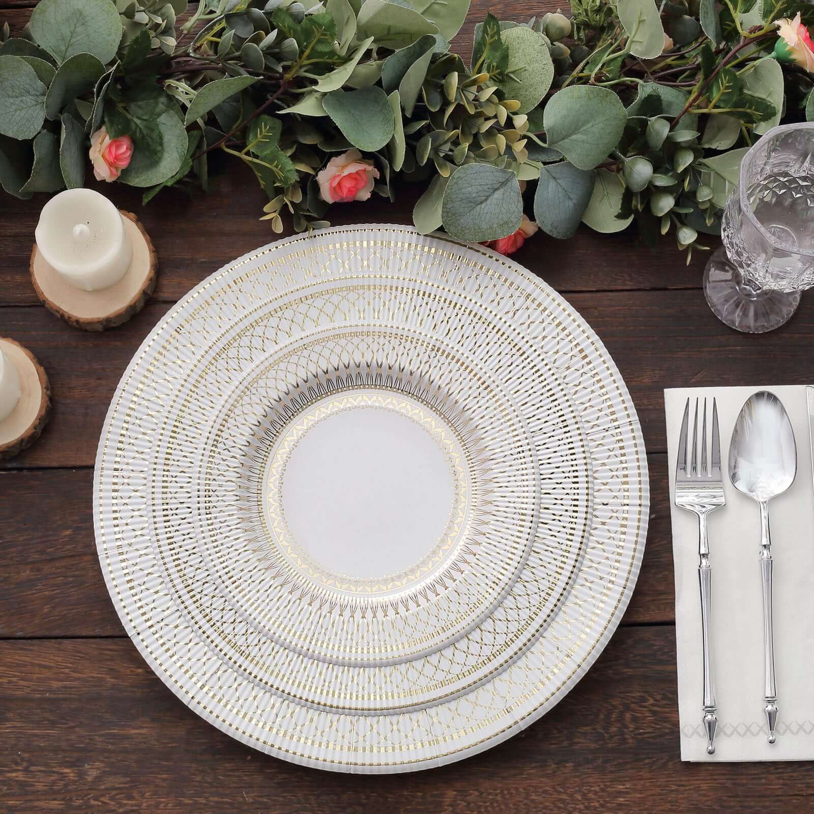 25-Pack Paper 8" Round Dessert Plates in White with Gold Vintage Porcelain Style Rim - Disposable 300GSM Salad Appetizer Plates