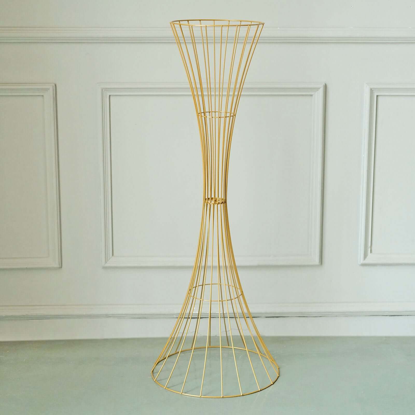 48" Tall Gold Metal Wire Hourglass Flower Frame Stand, Open Frame Reversible Trumpet Centerpiece Stand