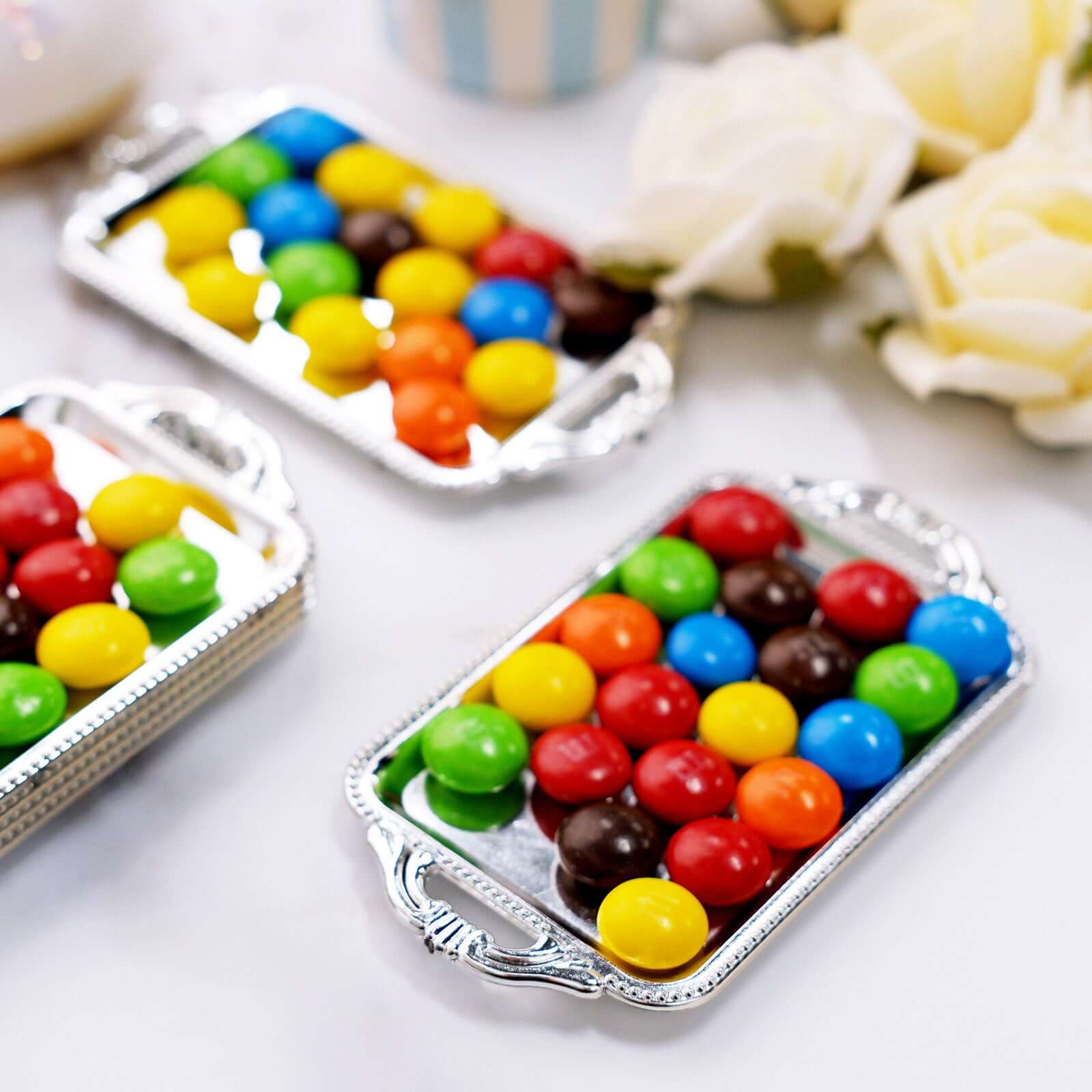 12-Pack Display Trays Party Favor Rectangular Design Silver - Mini Serving Platters for Candy and Desserts 4"