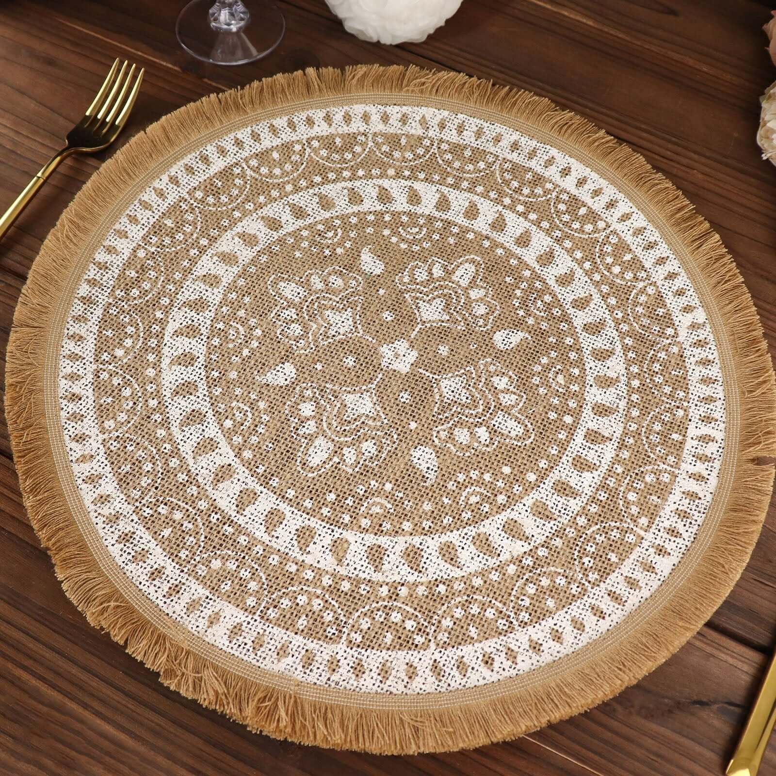 4-Pack Placemats Fringe Print Design Natural Jute and White Round - Rustic Burlap Woven Style 15"