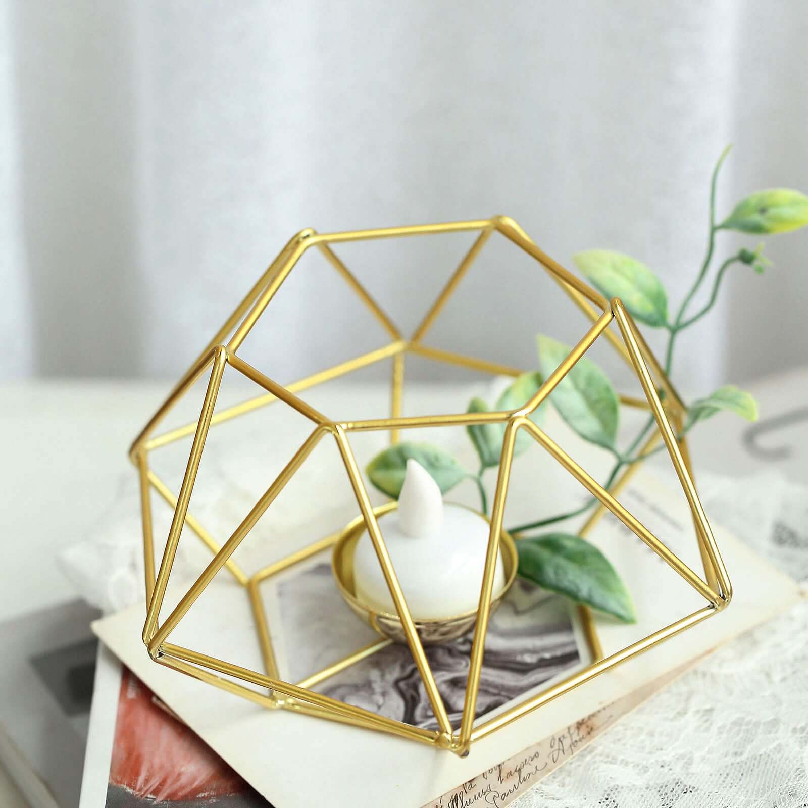 Set of 2 Candle Holders Metal Hexagon Geometric Design Gold - Modern Decorative Centerpieces for Tables 4"x3"