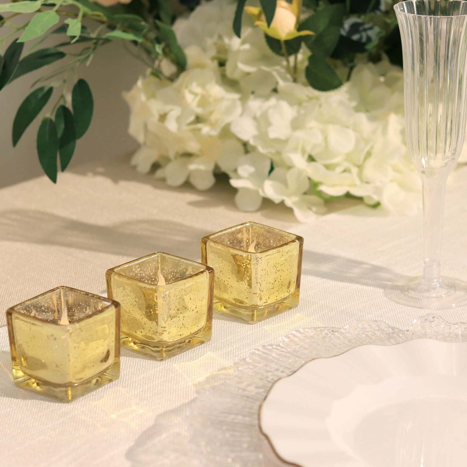 12-Pack Mercury Glass Candle Holders Gold with Speckled Design - Square Votive Tealight Holders 2"