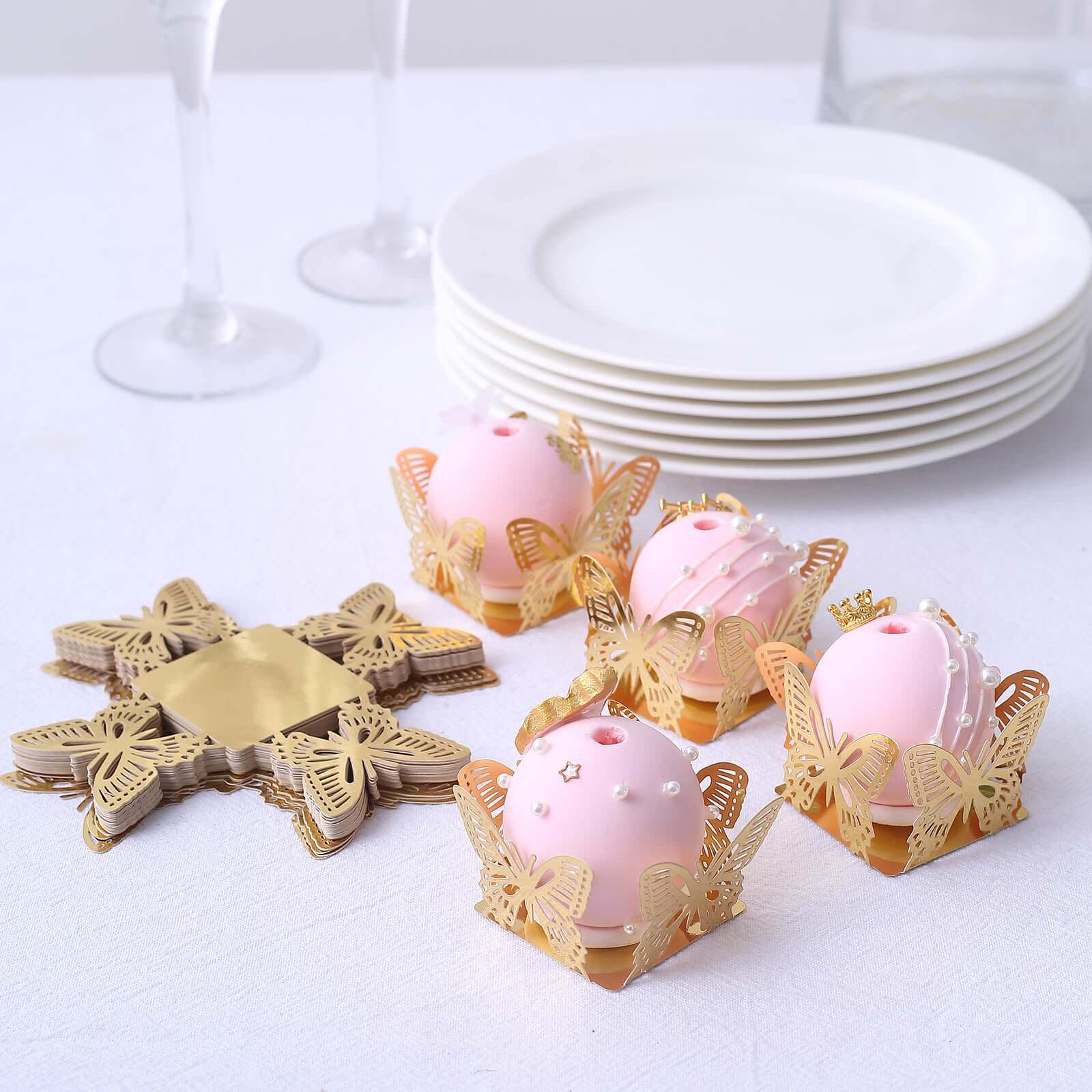 50-Pack Mini Paper Truffle Cup Liners Butterfly Square Design Metallic Gold - 225GSM Cupcake Tray Wrappers 4"