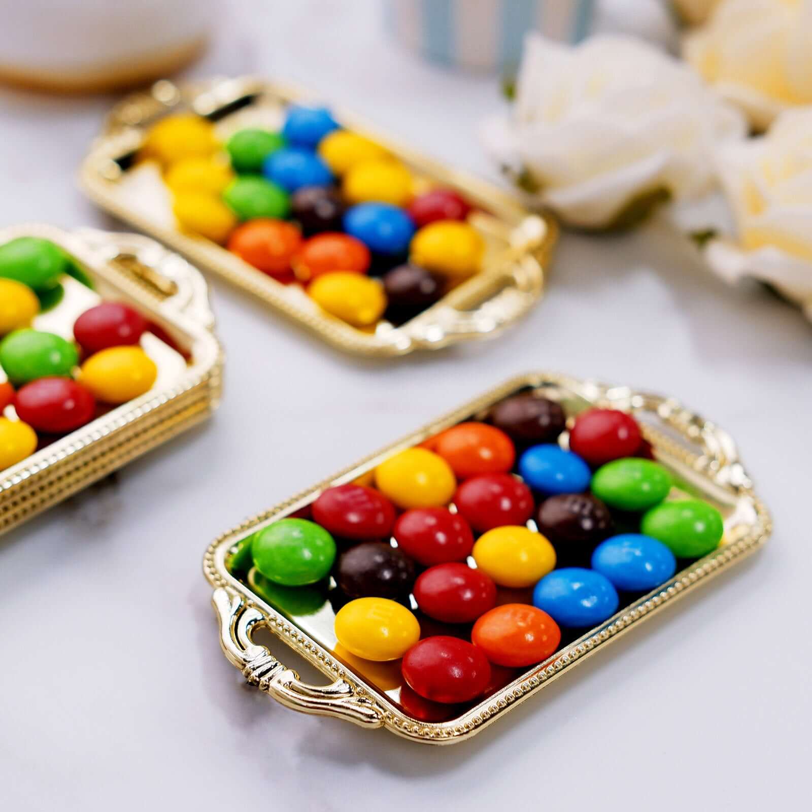 12-Pack Display Trays Party Favor Rectangular Design Gold - Mini Serving Platters for Candy and Desserts 4"