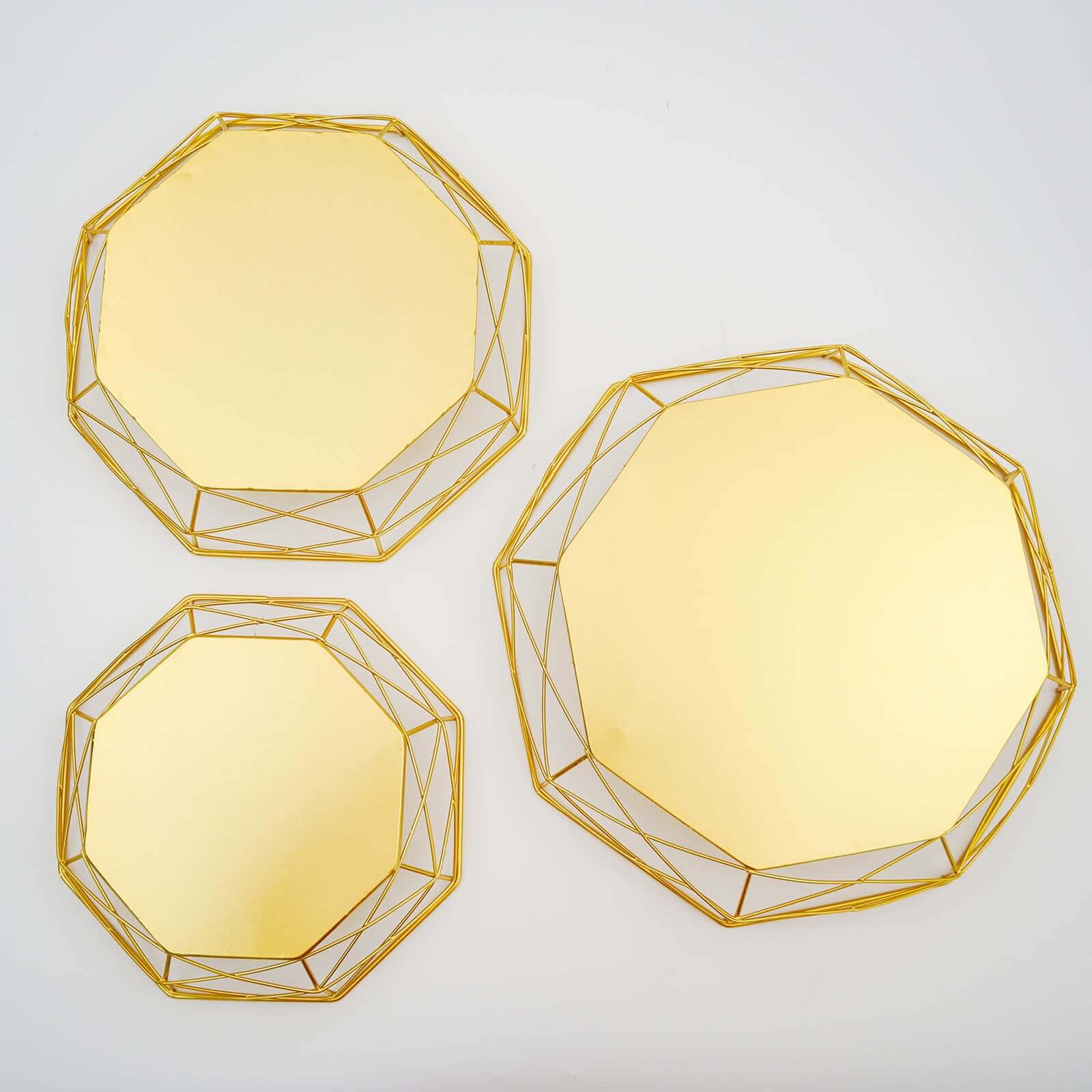 Set of 3 Metal Cake Stands Geometric Reversible Octagon Design Gold - Dessert Display Baskets 7", 9", 11"