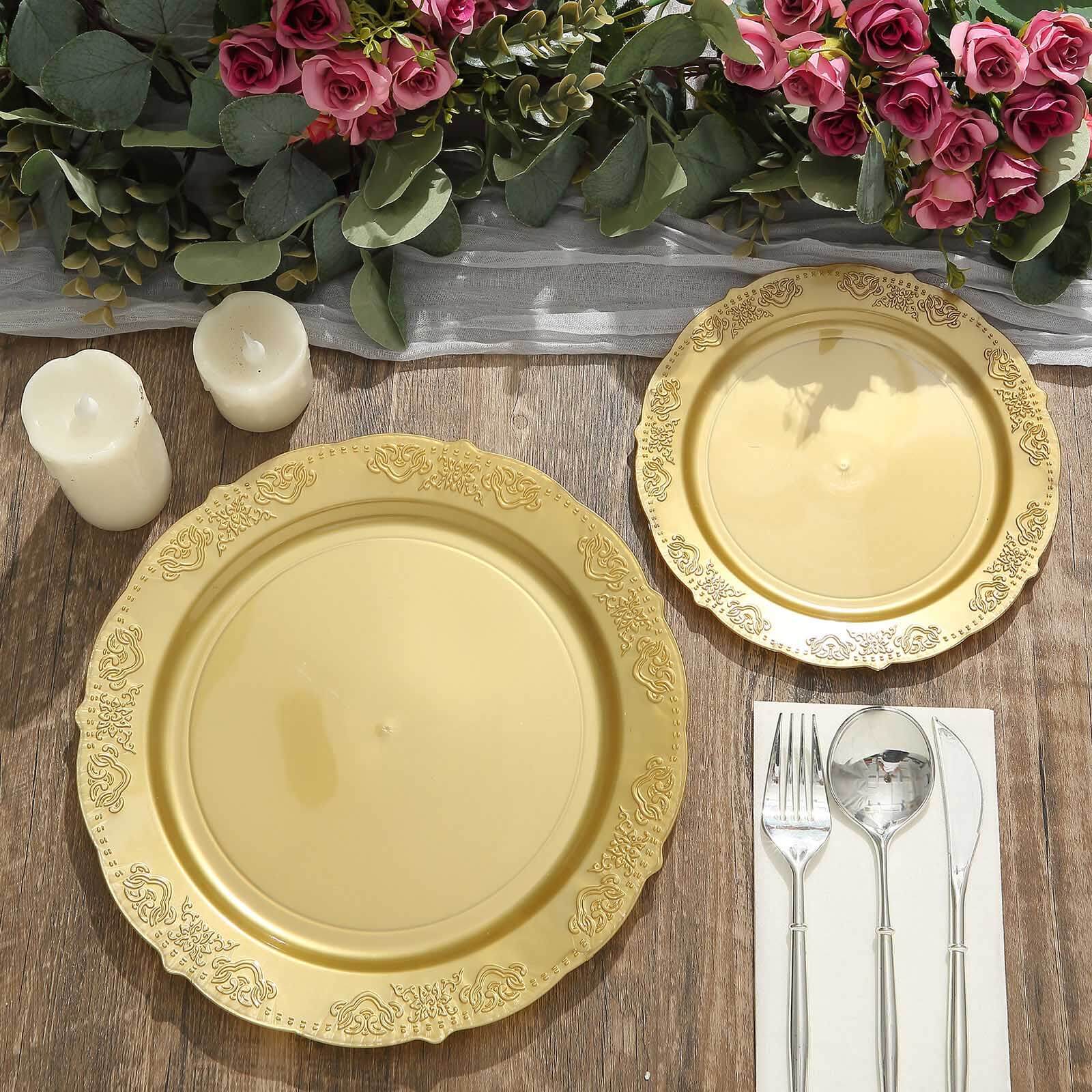 10-Pack Plastic 10" Round Dinner Plates Gold Embossed Scalloped Edge - Chic Disposable Party Plates for Special Occasions & Banquets