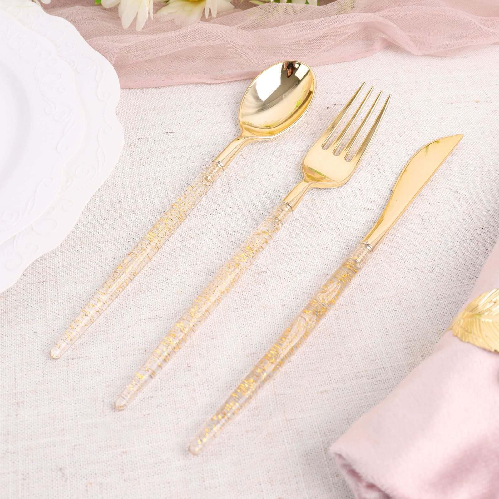 24-Pack Plastic Cutlery Set Metallic Gold with Gold Glitter - Stylish Disposable Silverware Pack 8"