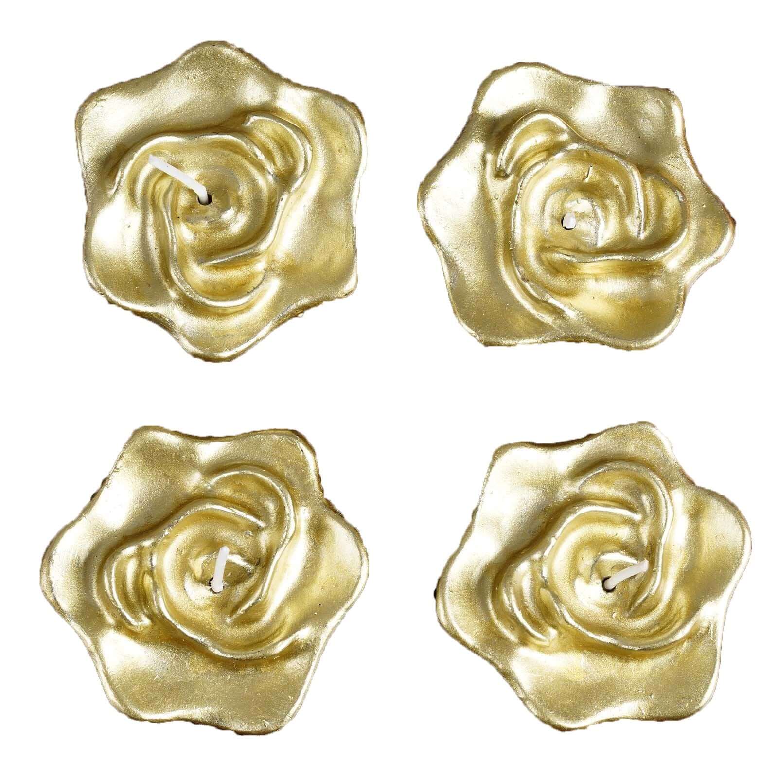 4-Pack Floating Candles Rose Flower Design Gold - Wedding Vase Fillers for Events 2.5"