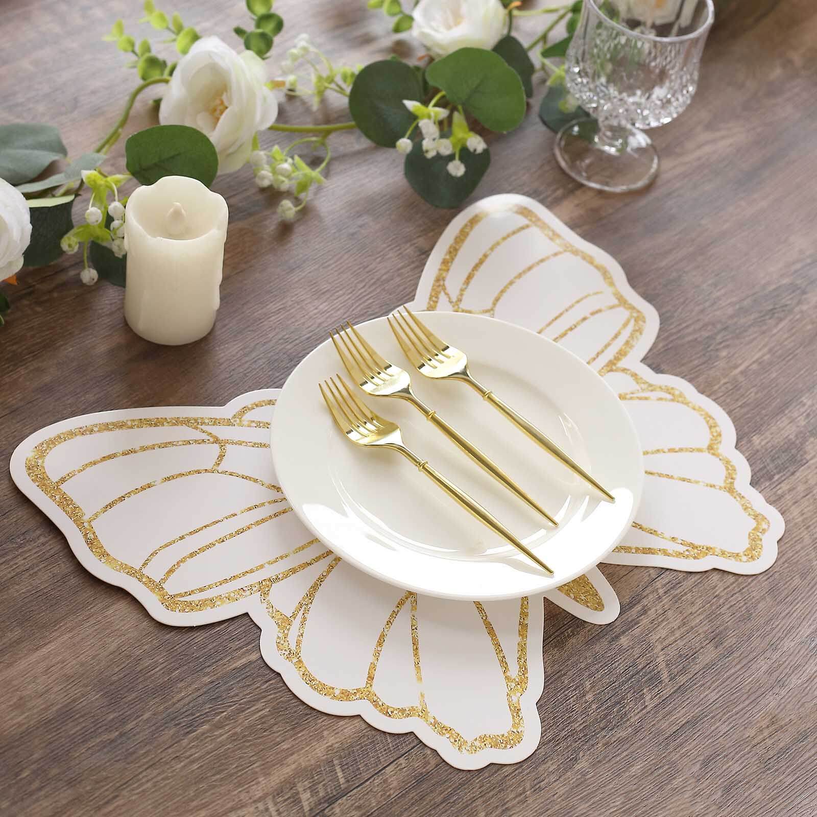 10-Pack Disposable Table Placemats with White Butterfly Design & Gold Glitters - 400GSM Cardboard Placemats for Kids' Parties, Baby Showers & Celebrations 14"