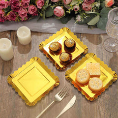 50-Pack Paper 5" Square Dessert Plates in Gold Foil with Scalloped Rim - Disposable Appetizer Plates for for Glam Gatherings & Special Occasions