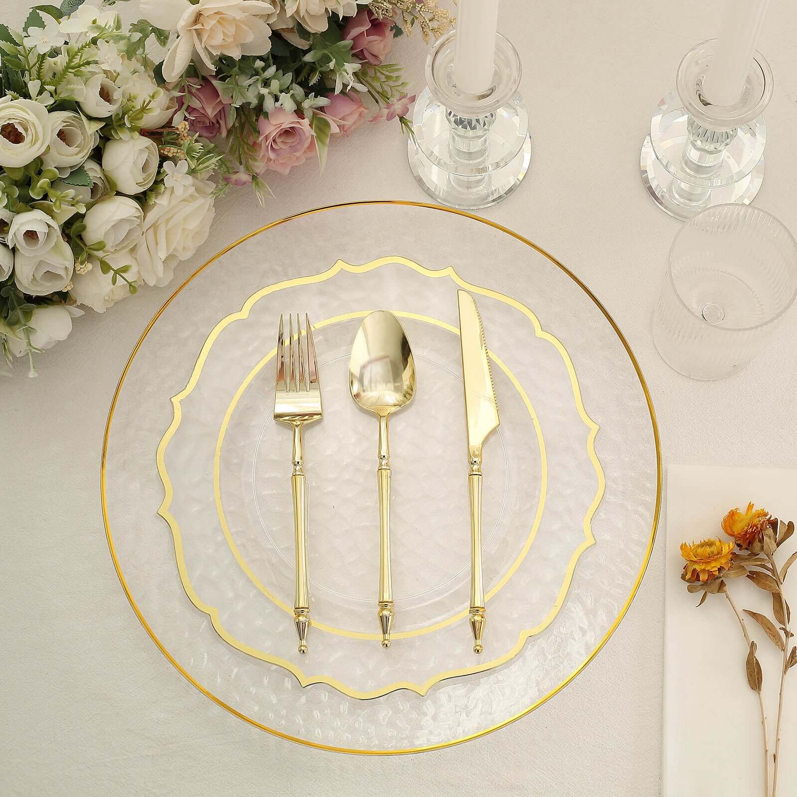 6-Pack Economy Plastic Round Charger Plates 13" in Clear Hammered Design with Gold Rim, Decorative Dinner Party Serving Plates