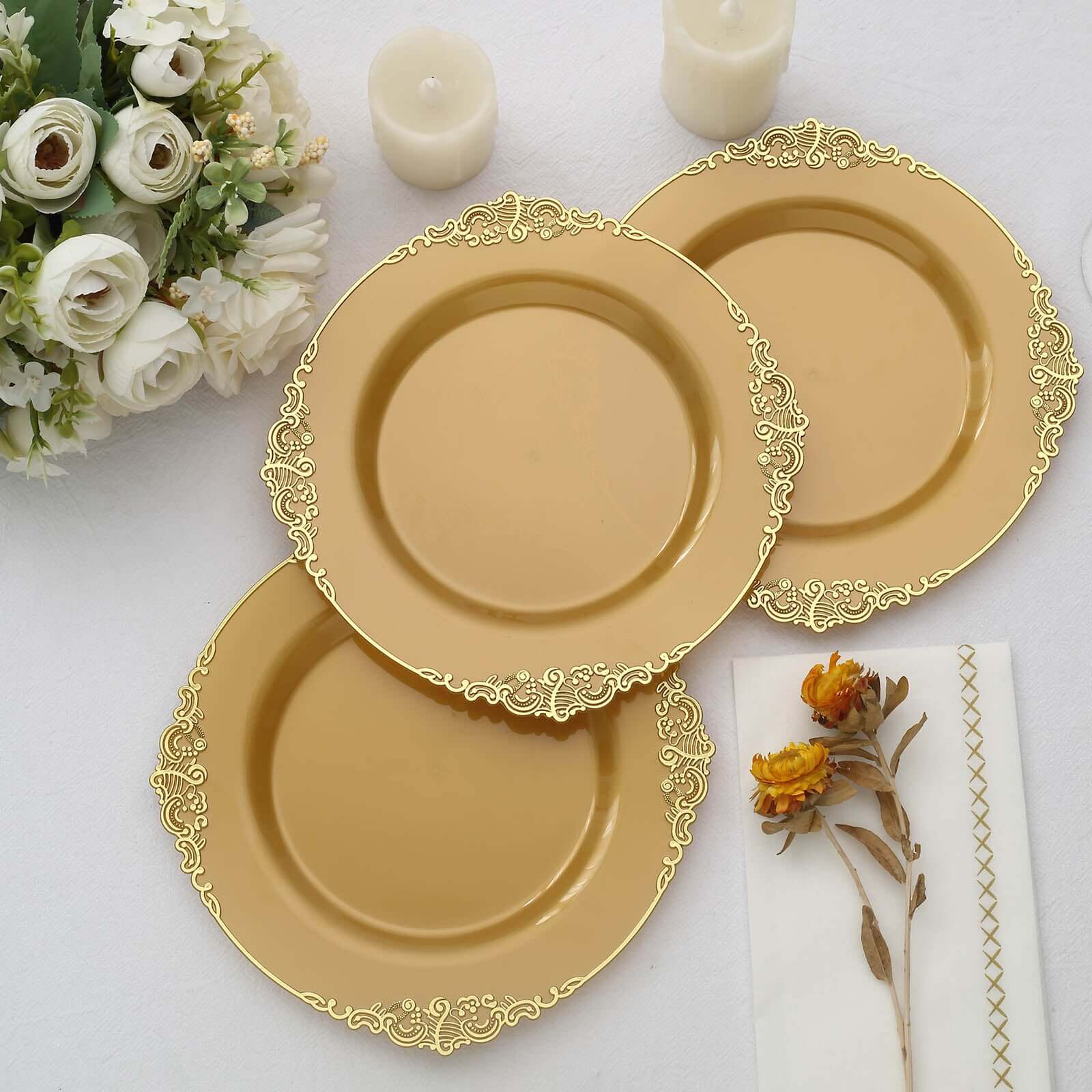 10-Pack Plastic 8" Round Dessert Plates in Gold with Leaf Embossed Rim - Disposable Vintage Baroque Style Salad Plates for Luxurious Gatherings & Events