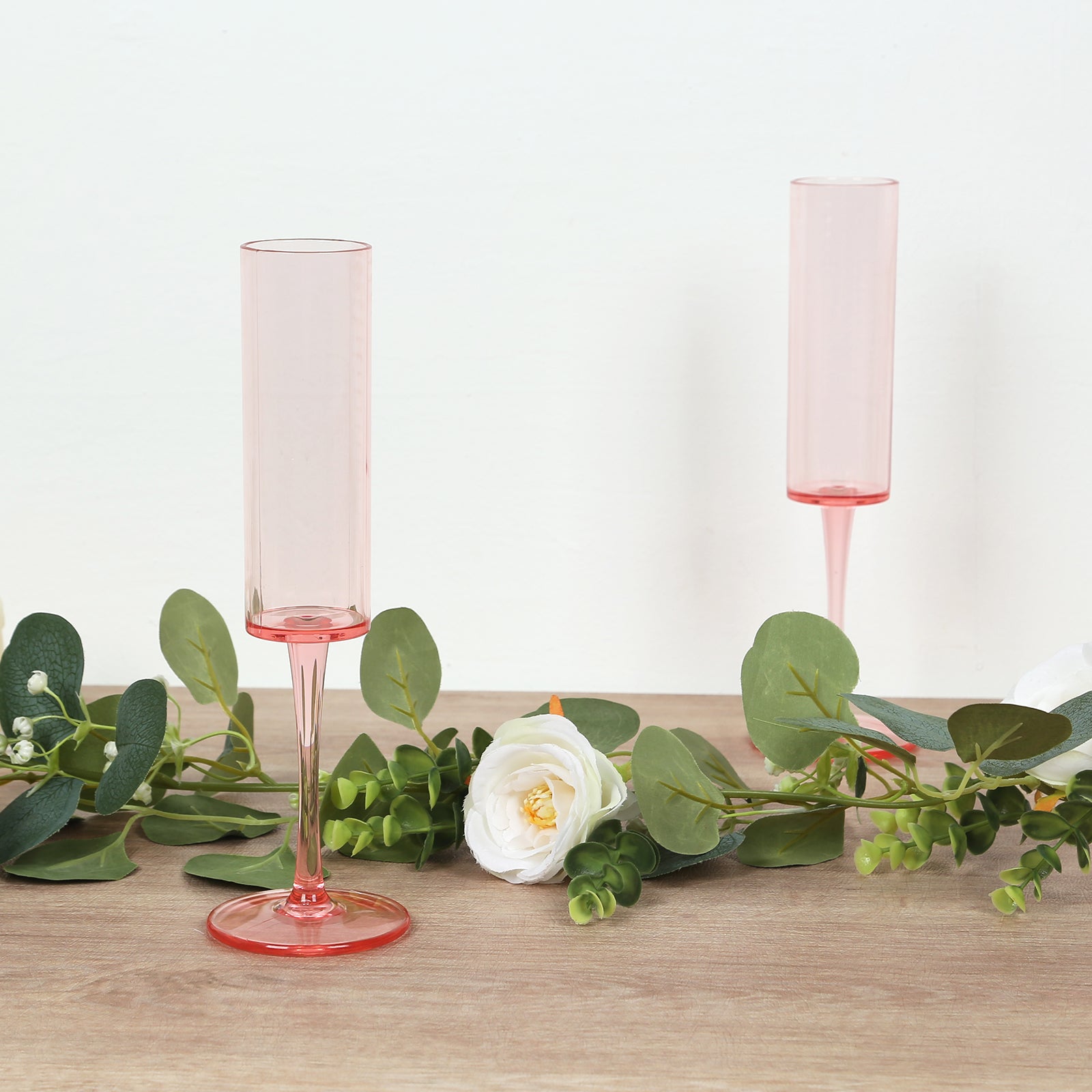 6-Pack Plastic Wine Mimosa Goblets Transparent Blush Cylindrical Shape - Reusable Champagne Flute Glasses 9.5" Tall 6oz