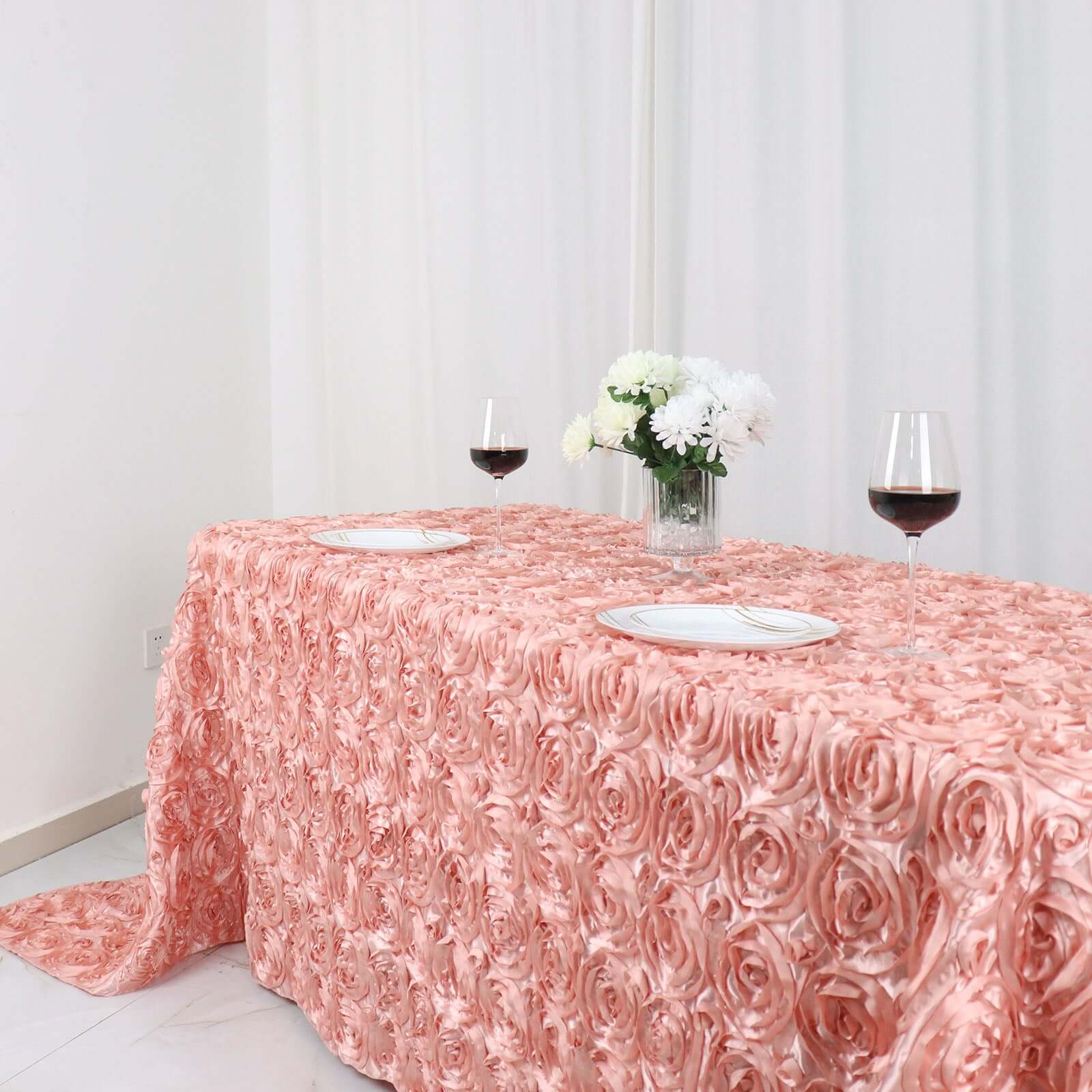 Satin 90"x132" Rectangle Tablecloth Dusty Rose - Grandiose 3D Rosette Seamless Table Cover