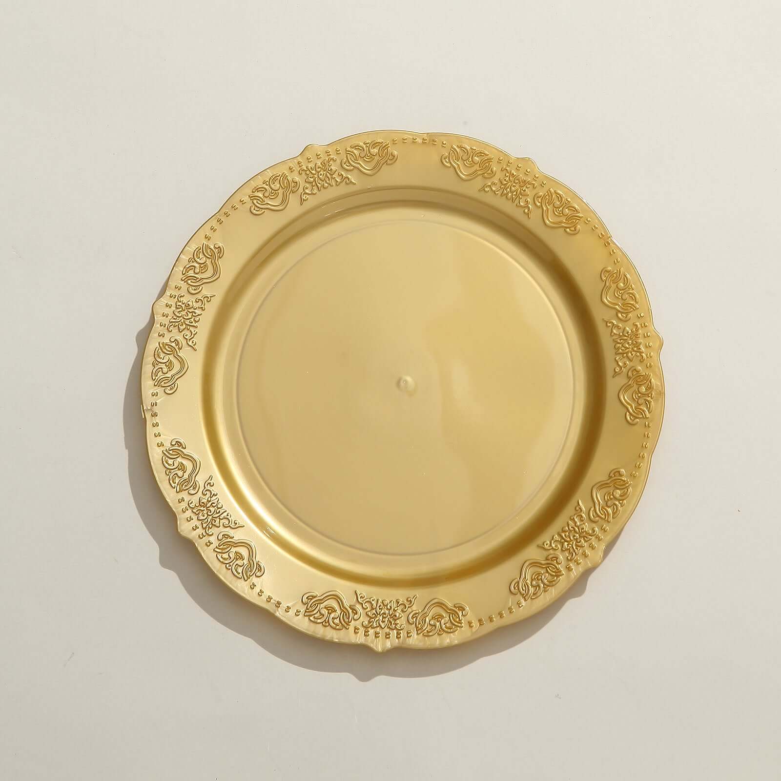 10-Pack Plastic 7.5" Round Appetizer Plates Gold Embossed Scalloped Edge - Chic Disposable Salad Plates for Special Occasions & Banquets