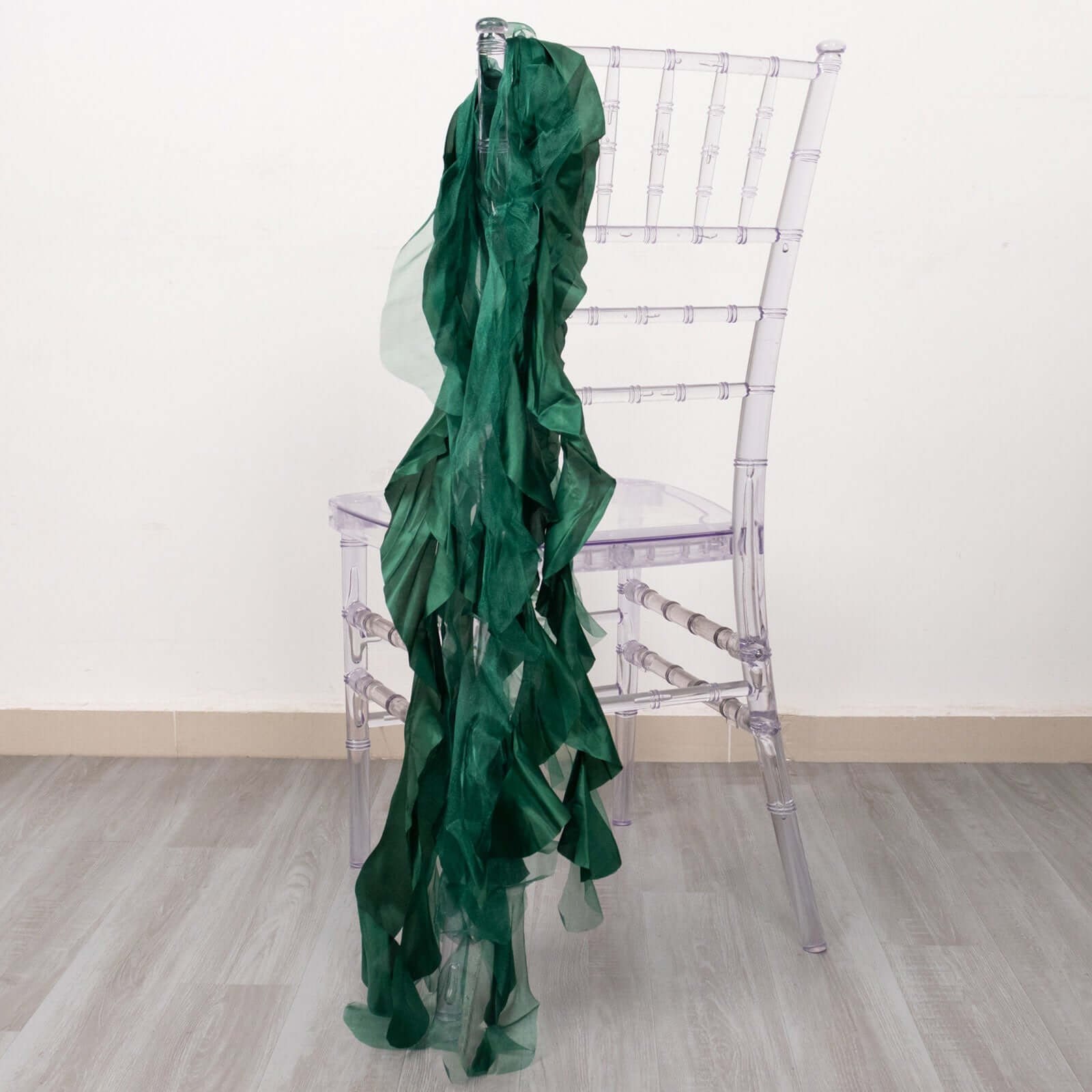 5 Pack Chiffon Satin Chair Sashes Hunter Emerald Green - Easy to Install Ruffled Curly Willow