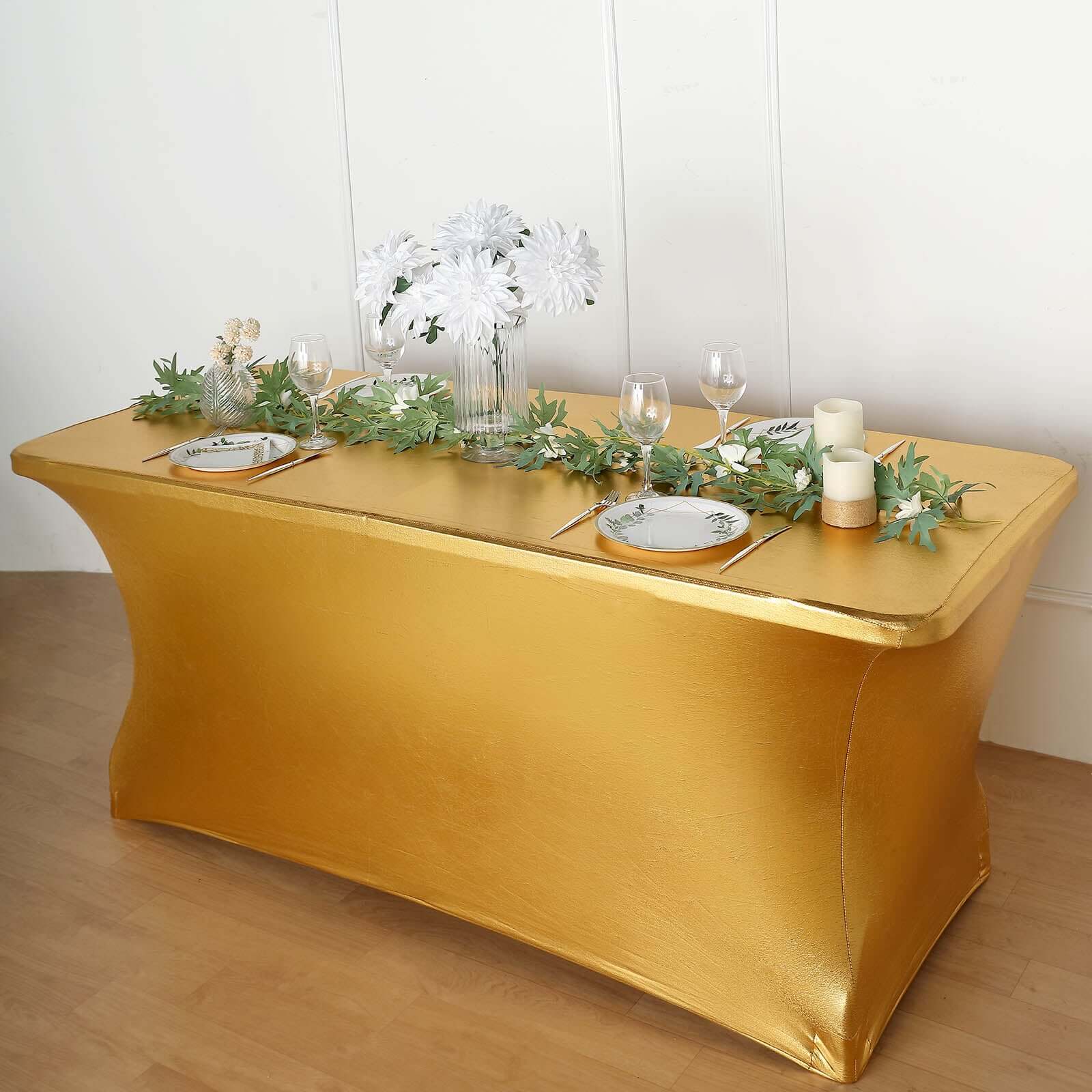 Stretch Spandex 72"x30" Rectangle Tablecloth Metallic Gold - Glamorous Form-Fitting Table Cover for Upscale Gatherings
