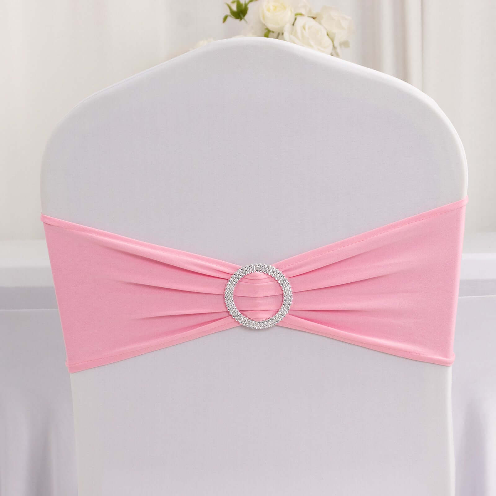 5 Pack Stretch Spandex Chair Sashes Pink - Reusable Chair Bands with Silver Diamond Ring Slide Buckle 5"x14"