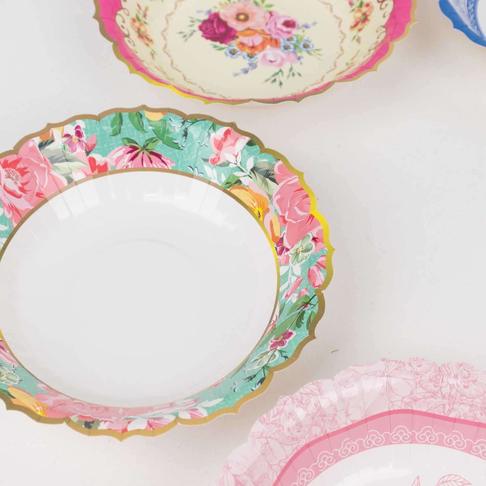 24-Pack Paper Dessert Bowls Vintage Mixed Floral Design Round - Ideal for Parties and Salads 7" 300 GSM