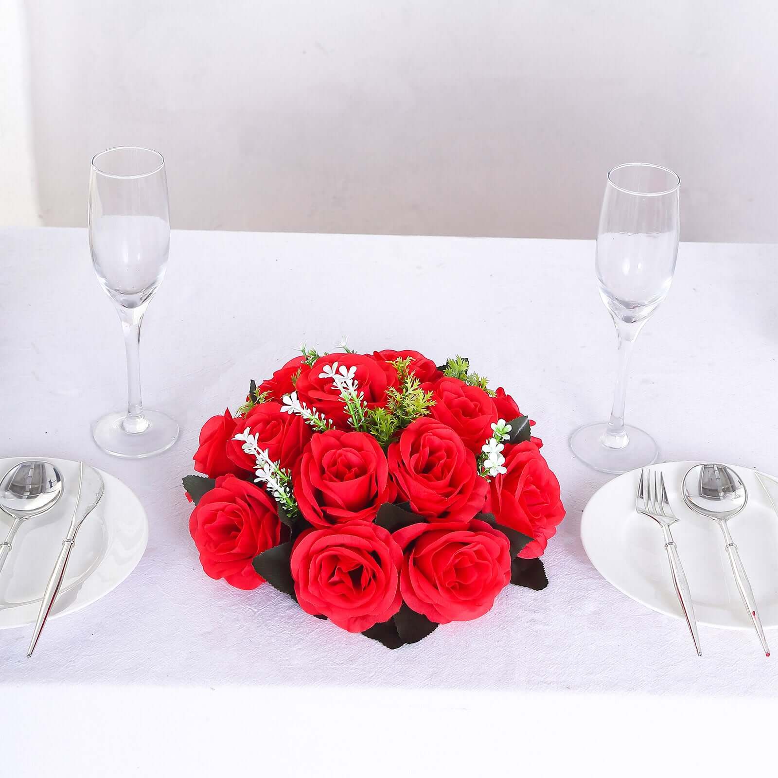 2 Pack Red Silk 15-Head Rose Flower Balls For Centerpieces - 10", Artificial Kissing Ball Floral Arrangements