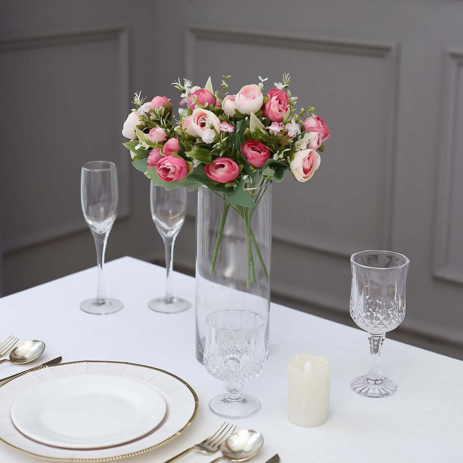 4 Pack 12" Artificial Pink Ranunculus Silk Flower Bridal Bouquets, Faux Buttercup Floral Arrangement