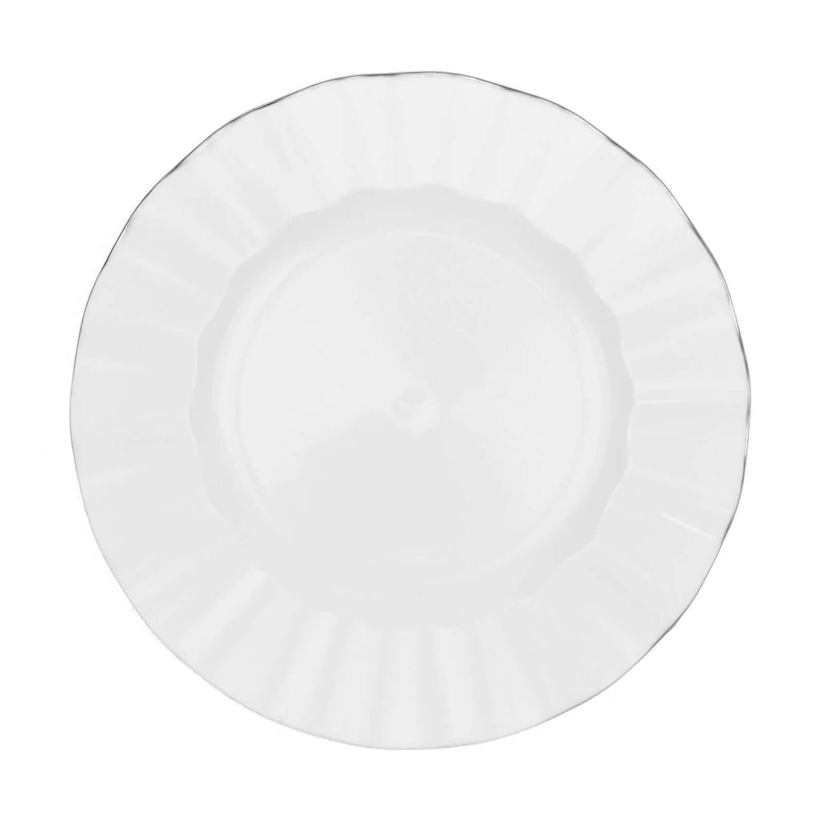 10-Pack Plastic 9" Round Dinner Plates in White Ruffled Rim with Gold Edging - Sturdy Disposable Dinnerware for Classy Events & Banquets