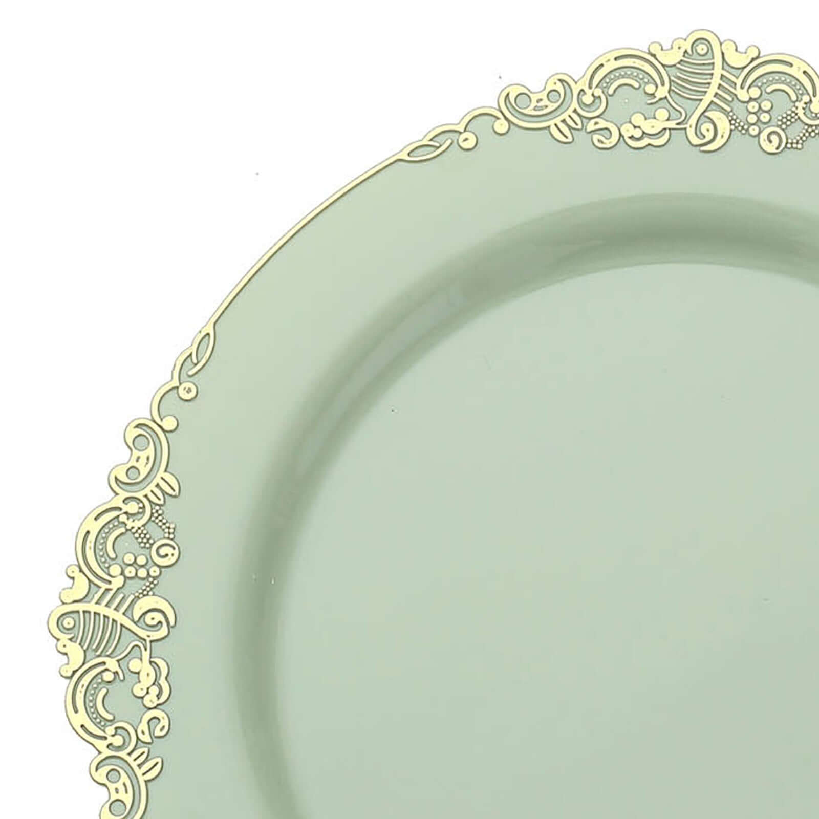10-Pack Plastic 10" Round Dinner Plates in Sage Green with Gold Leaf Embossed Rim - Disposable Vintage Baroque Style Plates