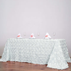 Satin 90"x132" Rectangle Tablecloth White - Grandiose 3D Rosette Design with Seamless Finish for Graceful Gatherings