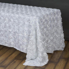 Satin 90"x156" Rectangle Tablecloth White - Grandiose 3D Rosette Design with Seamless Finish for Sophisticated Celebrations