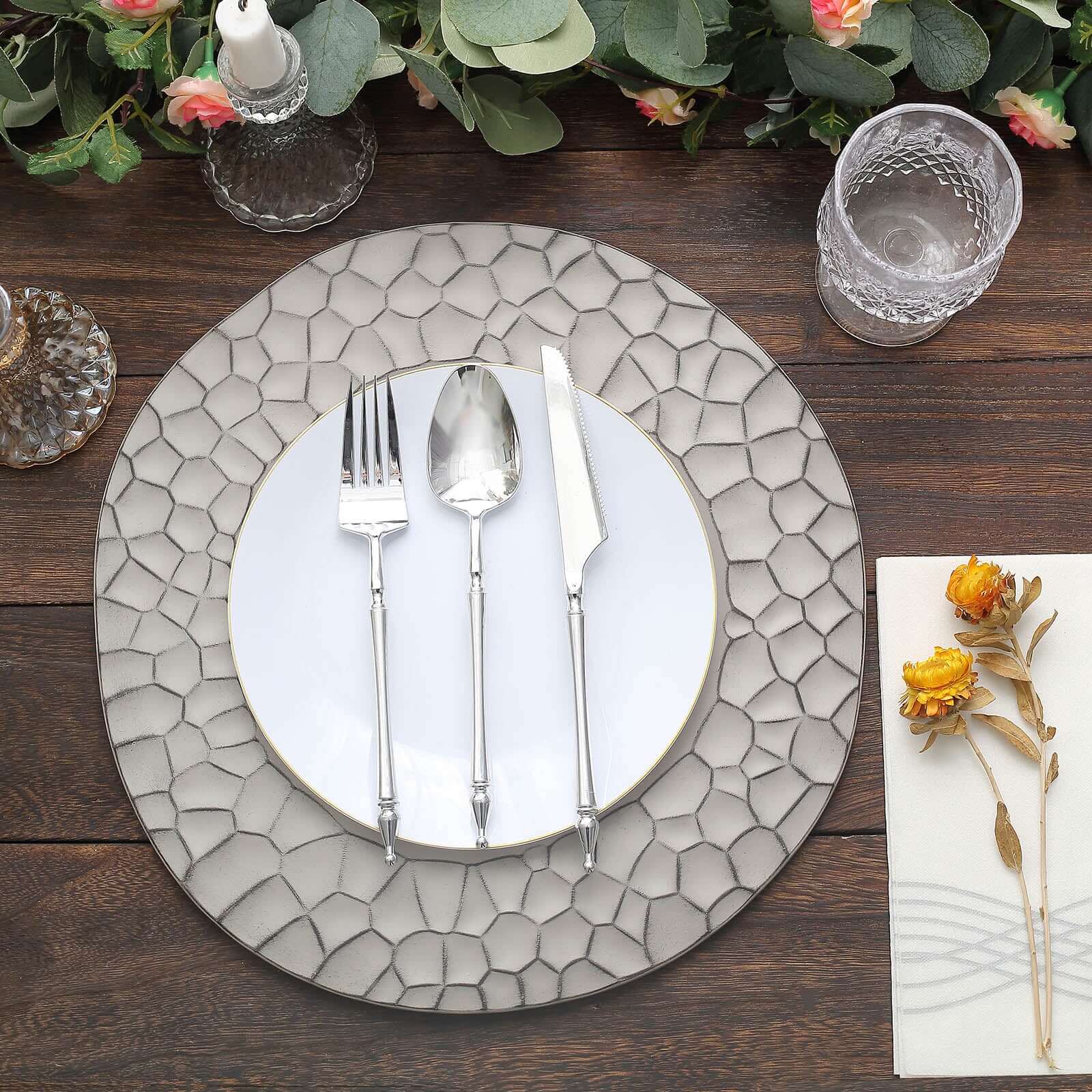 6-Pack Round Charger Plates 13" in Gray with Hammered Rim, Matte Finish Modern Dinner Charger Tableware