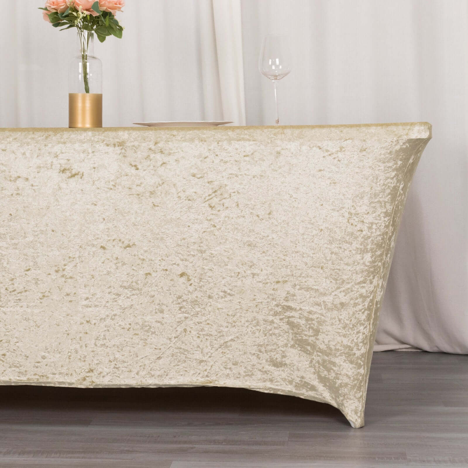 Crushed Velvet Fitted Rectangular 6ft Table Cover Beige - Wrinkle-Free Stretchy Tablecloth