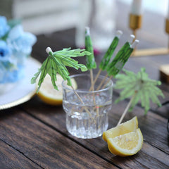 50-Pack Bamboo Cocktail Picks Tropical Leaf Parasol Design Green - Eco Friendly Disposable Drink Stick 6"