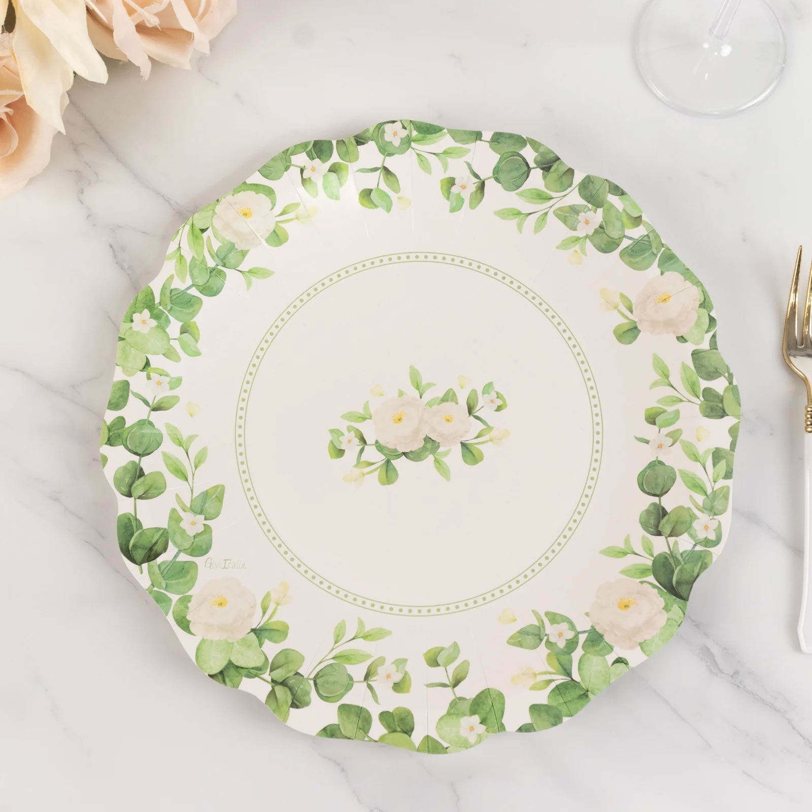 25-Pack Paper 11" Round Dinner Plates in White with Floral Greenery & Scalloped Edges - Disposable Party Plates for Nature-Inspired Events & Chic Celebrations