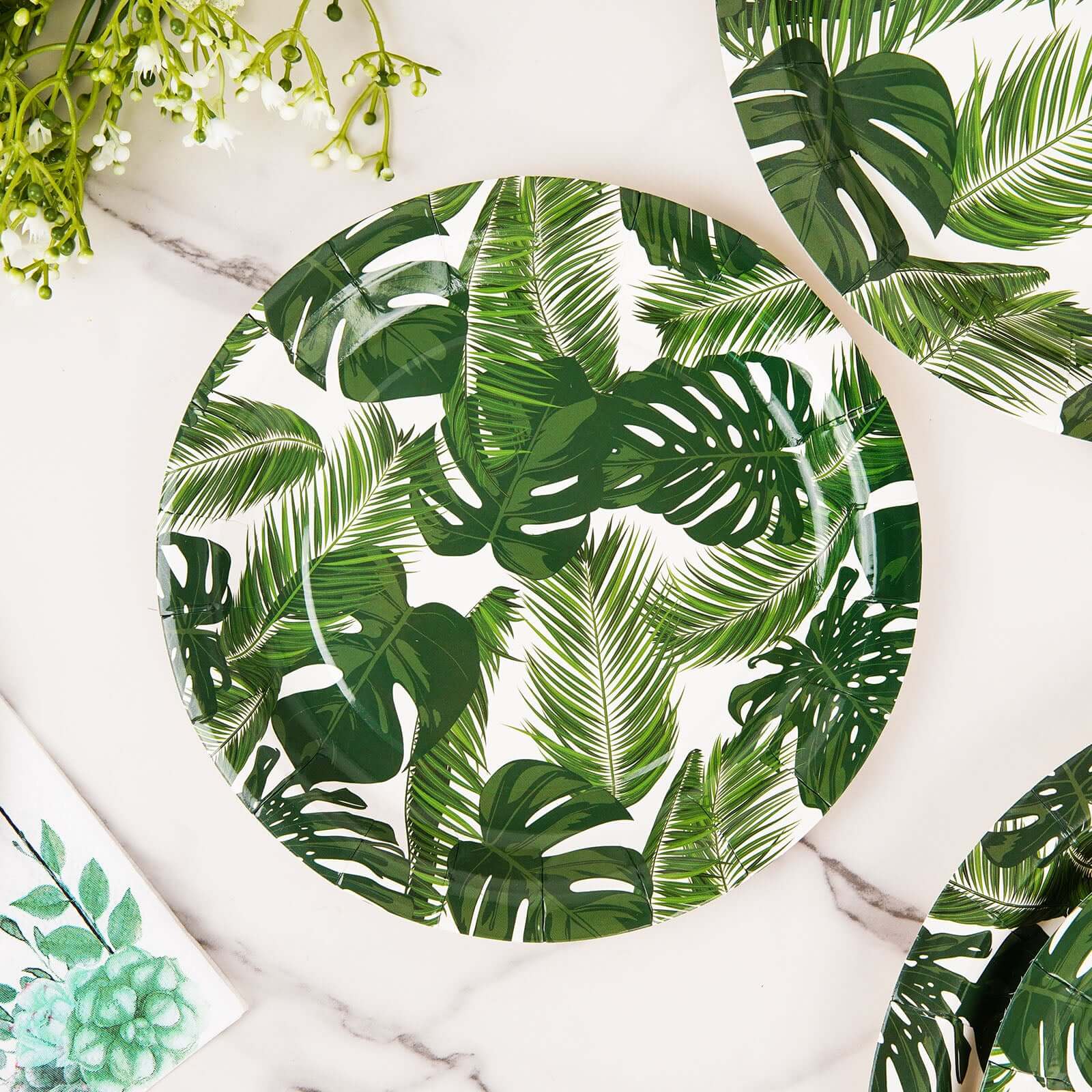 25-Pack Paper 7" Round Dessert Plates in White with Tropical Palm Leaf Design - Disposable 300GSM Appetizer Salad Plates for Boho Chic & Jungle Themed Events