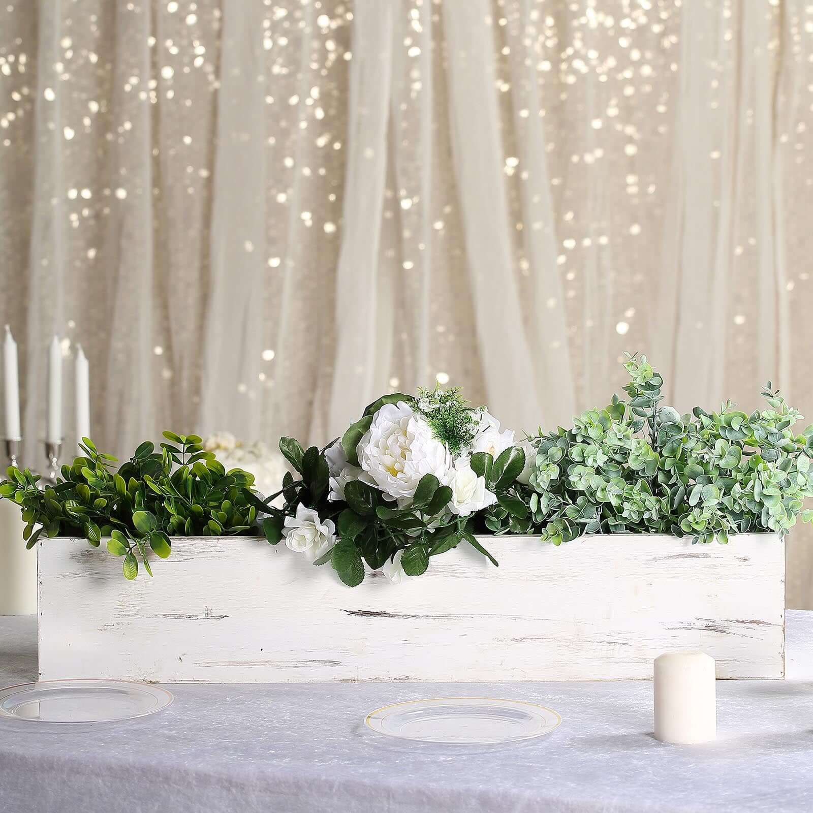 White Wood Planter Rectangular Box 30"x6"- Durable Decor with Removable Plastic Liner for Tables