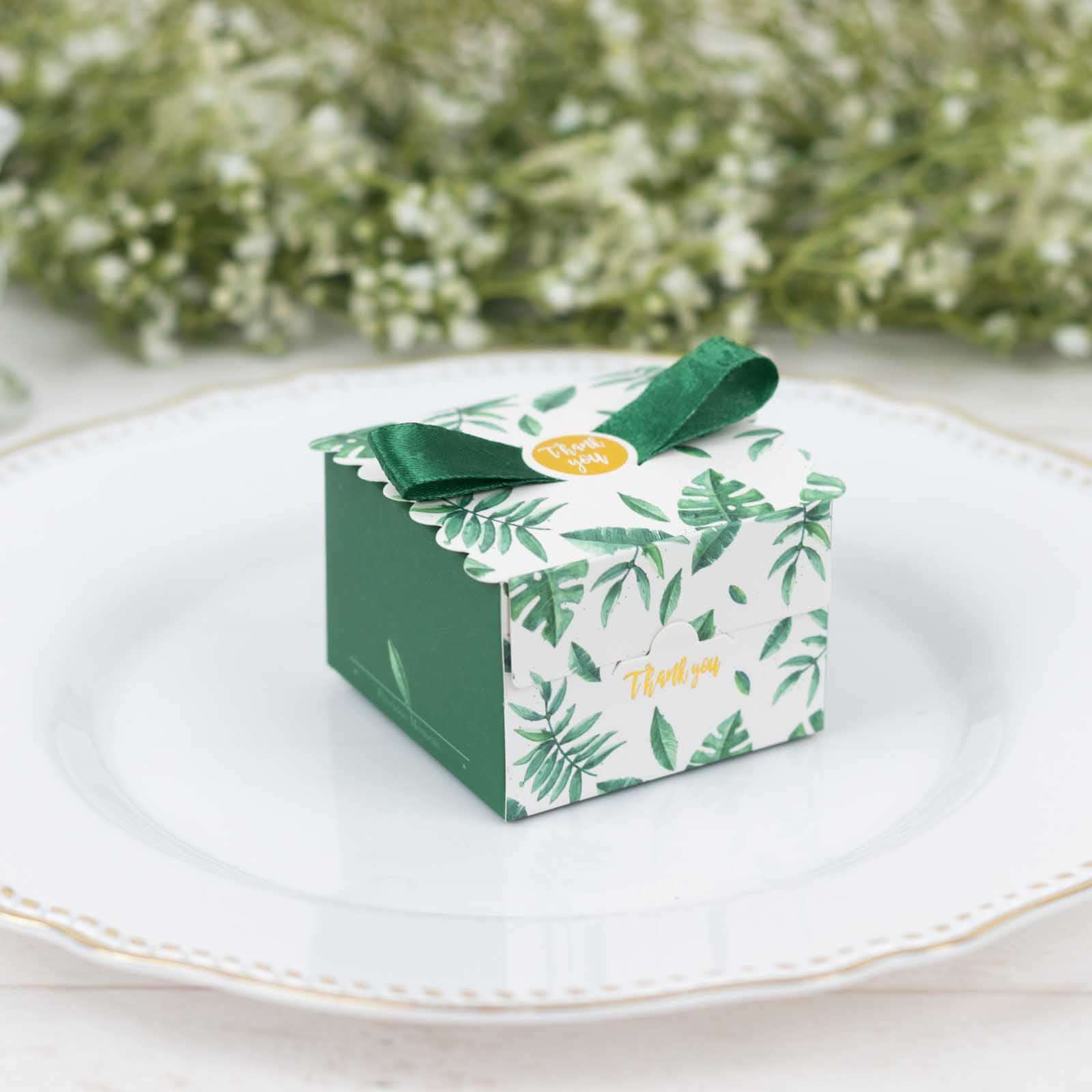 25 Pack Green Monstera Leaf Print Candy Gift Boxes with Satin Ribbon Bow, Thank You Cardstock Paper Party Favor Boxes - 2.5"x2.5"x2"