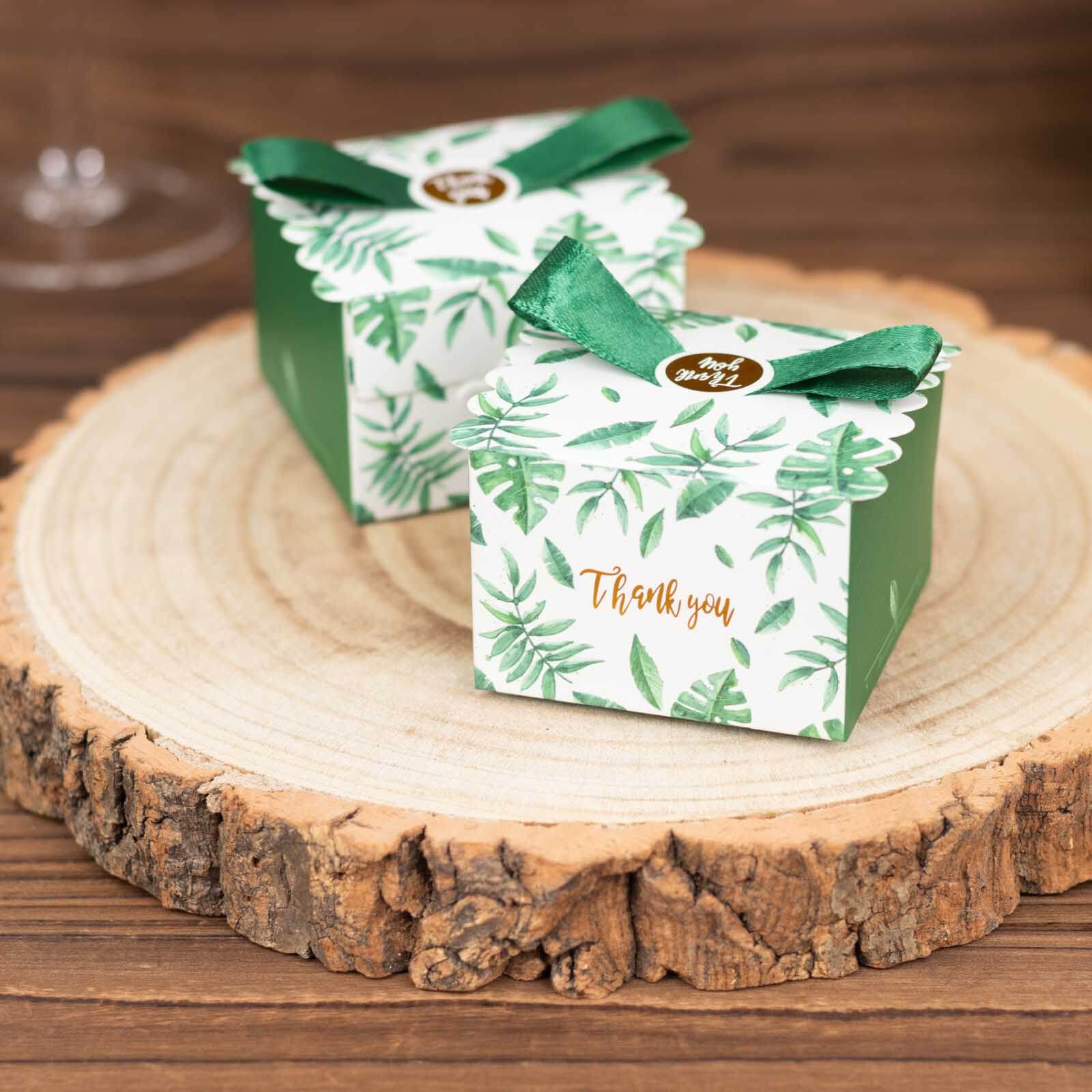 25 Pack Green Monstera Leaf Print Candy Gift Boxes with Satin Ribbon Bow, Thank You Cardstock Paper Party Favor Boxes - 2.5"x2.5"x2"