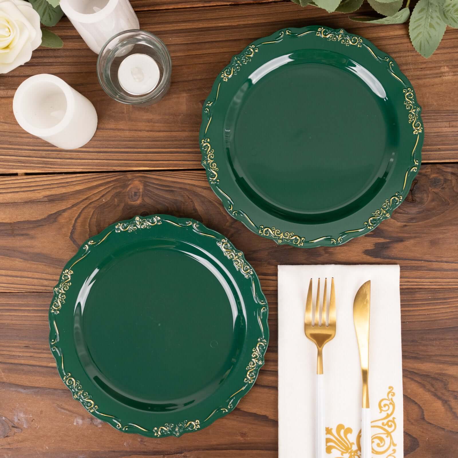 10-Pack Plastic 7" Round Dessert Plates in Hunter Emerald Green with Gold Vintage Embossed Rim - Sturdy Disposable Scalloped Edge Salad Plates