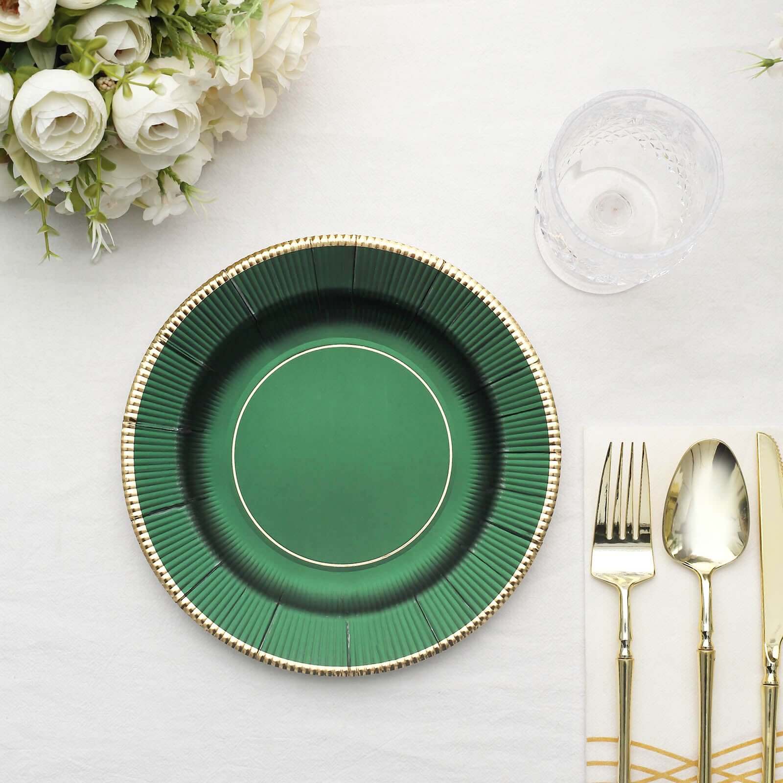 25-Pack Paper 8" Round Dessert Plates in Hunter Emerald Green Sunray Design with Gold Rim - Disposable Heavy Duty 350GSM Appetizer Salad Plates