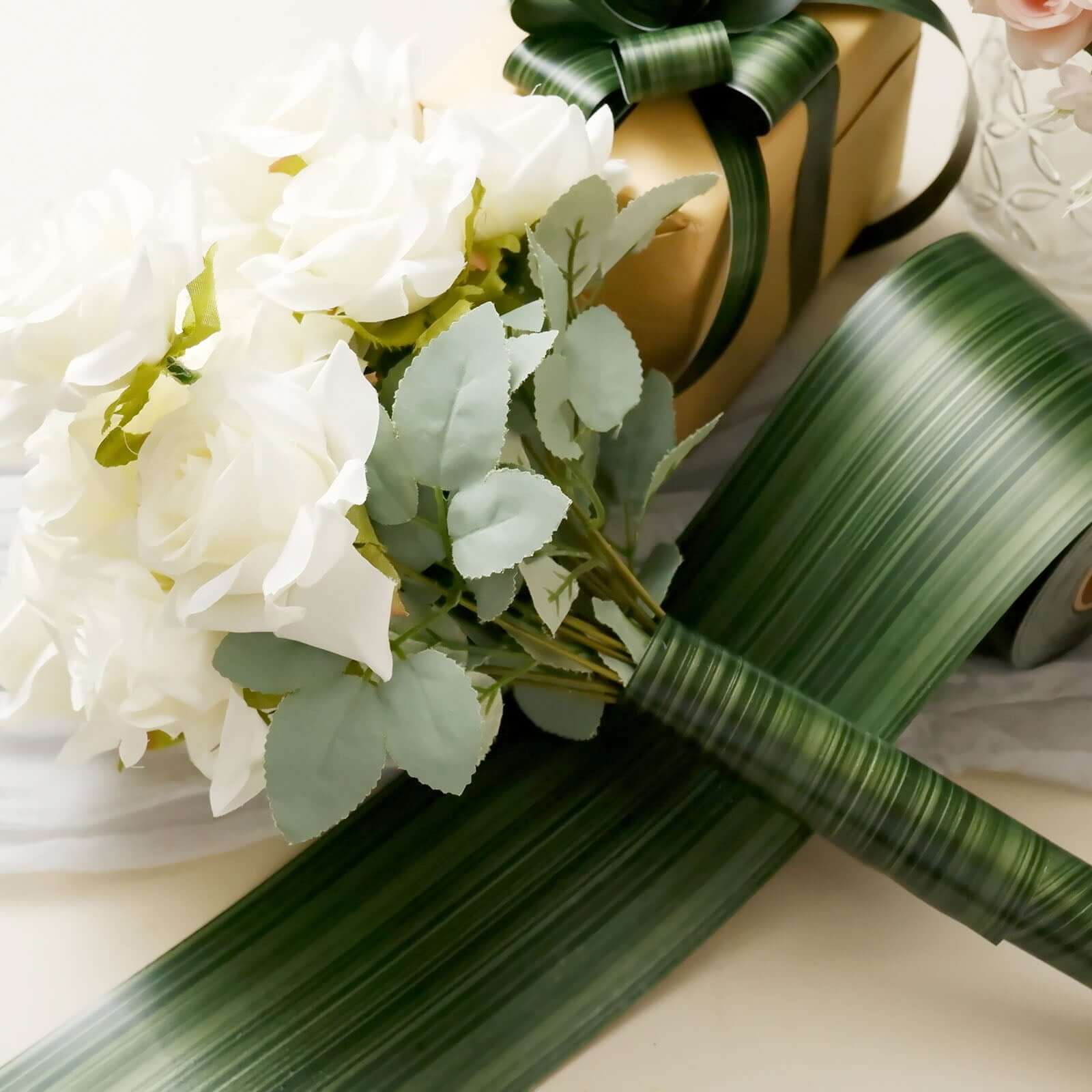 50 Yards 4" Green Ti Leaf Two Sided Floral Waterproof Satin Ribbon, DIY Bouquet Craft Supplies Wrap