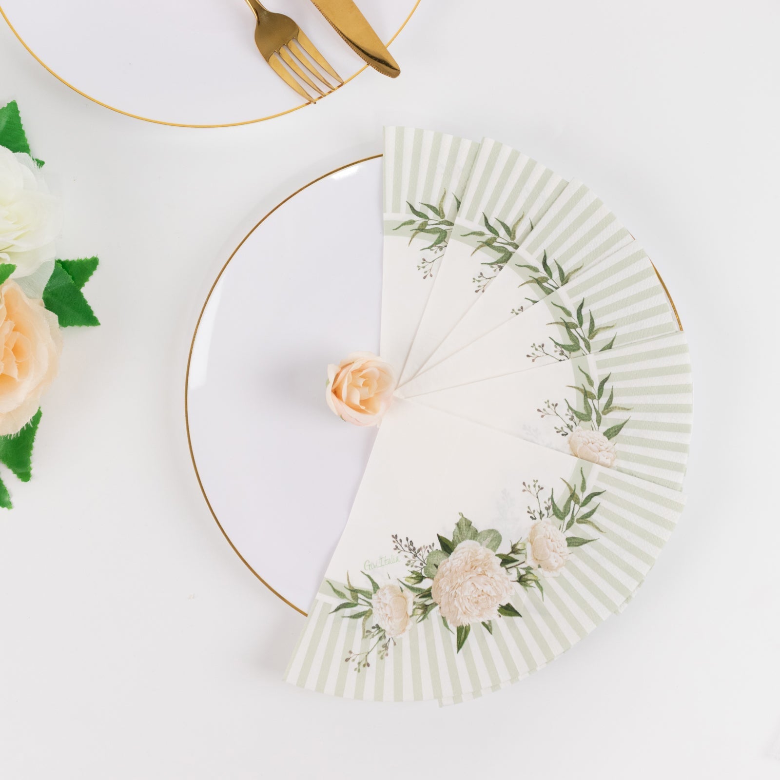 25-Pack Round Paper Cocktail Napkins with Floral Lined Pattern White/Sage Green - Disposable 2 Ply Beverage Napkins 6"x6"