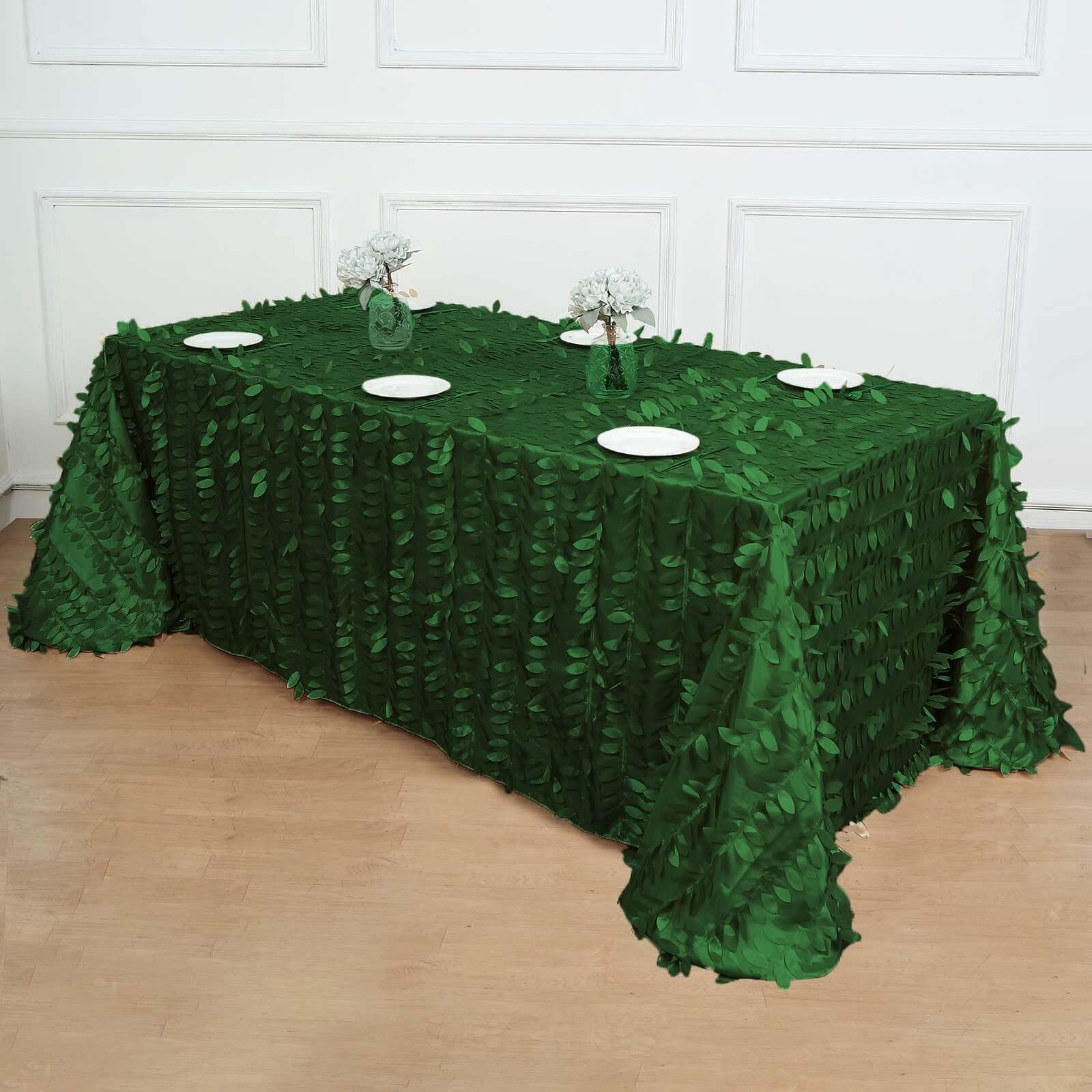 Taffeta 90"x156" Rectangle Tablecloth Green | 3D Leaf Petal Design Seamless Table Cover