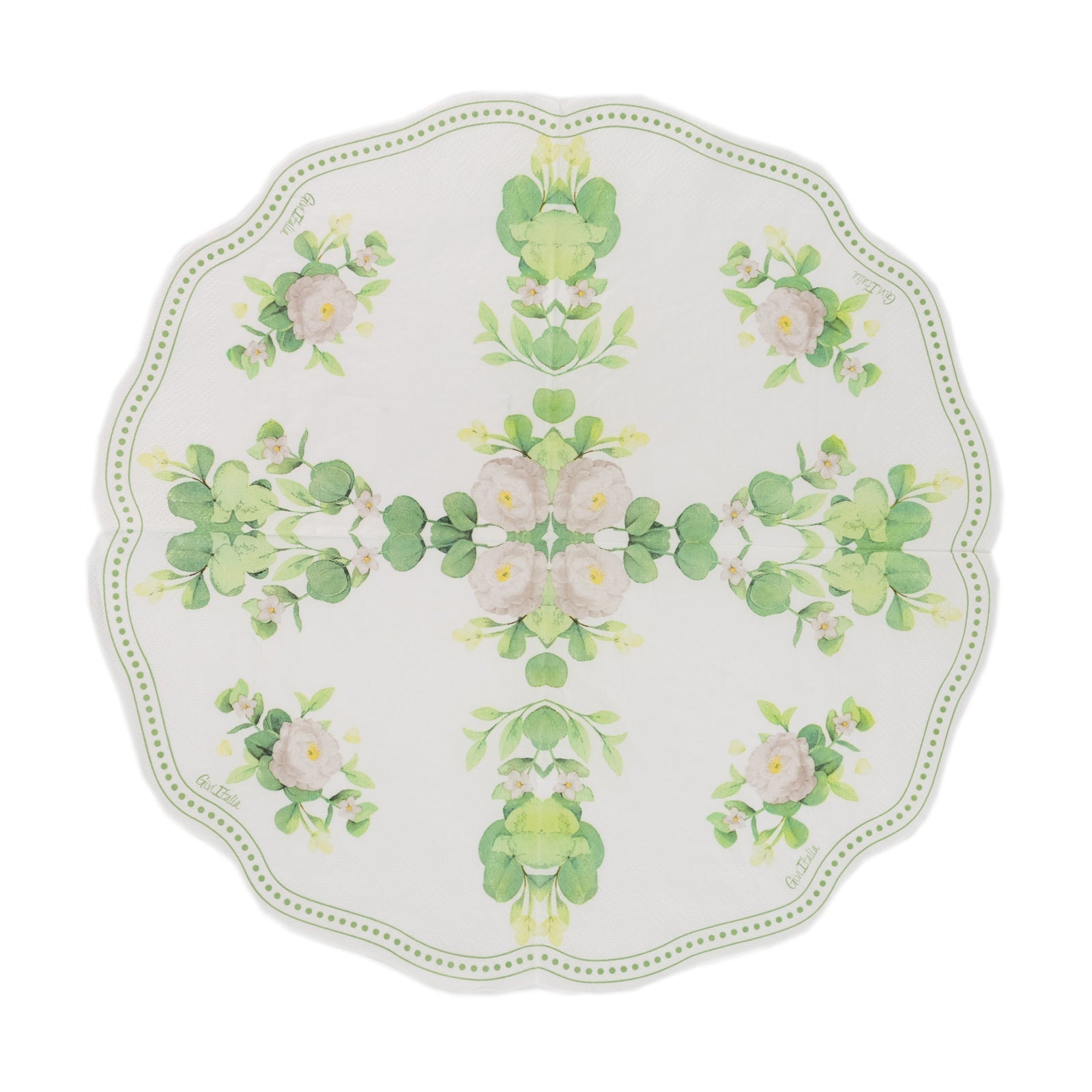 25-Pack Round Paper Cocktail Napkins with Floral Greenery and Scalloped Edge White - Disposable 2 Ply Beverage Napkins 6.25"x6.25"