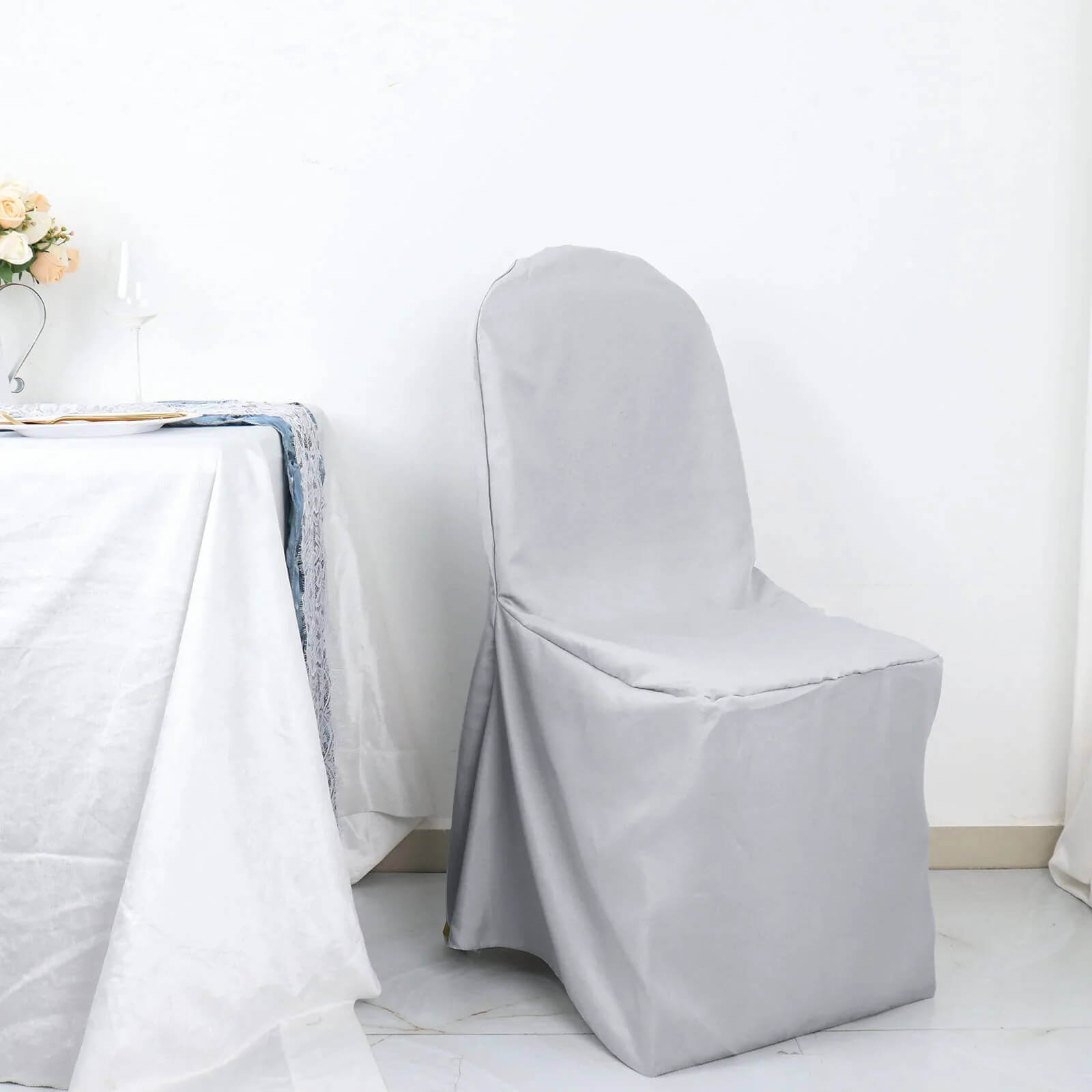 10 Pack Polyester Chair Cover for Banquet Chairs Silver - Stain-Resistant Reusable Slip-On Slipcover