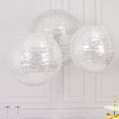 Set of 3 Glitter Silver Sequin Fabric Hanging Lanterns, Large Decorative Round Foldable Chinese Lantern Lampshades - 14",16",20"