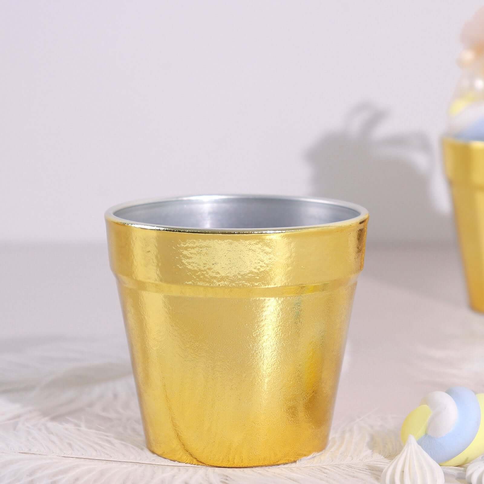 6 Pack 3" Gold Plastic Party Favor Bucket-Containers, Mini Succulent Nursery Planters, Flower Pot Crafts