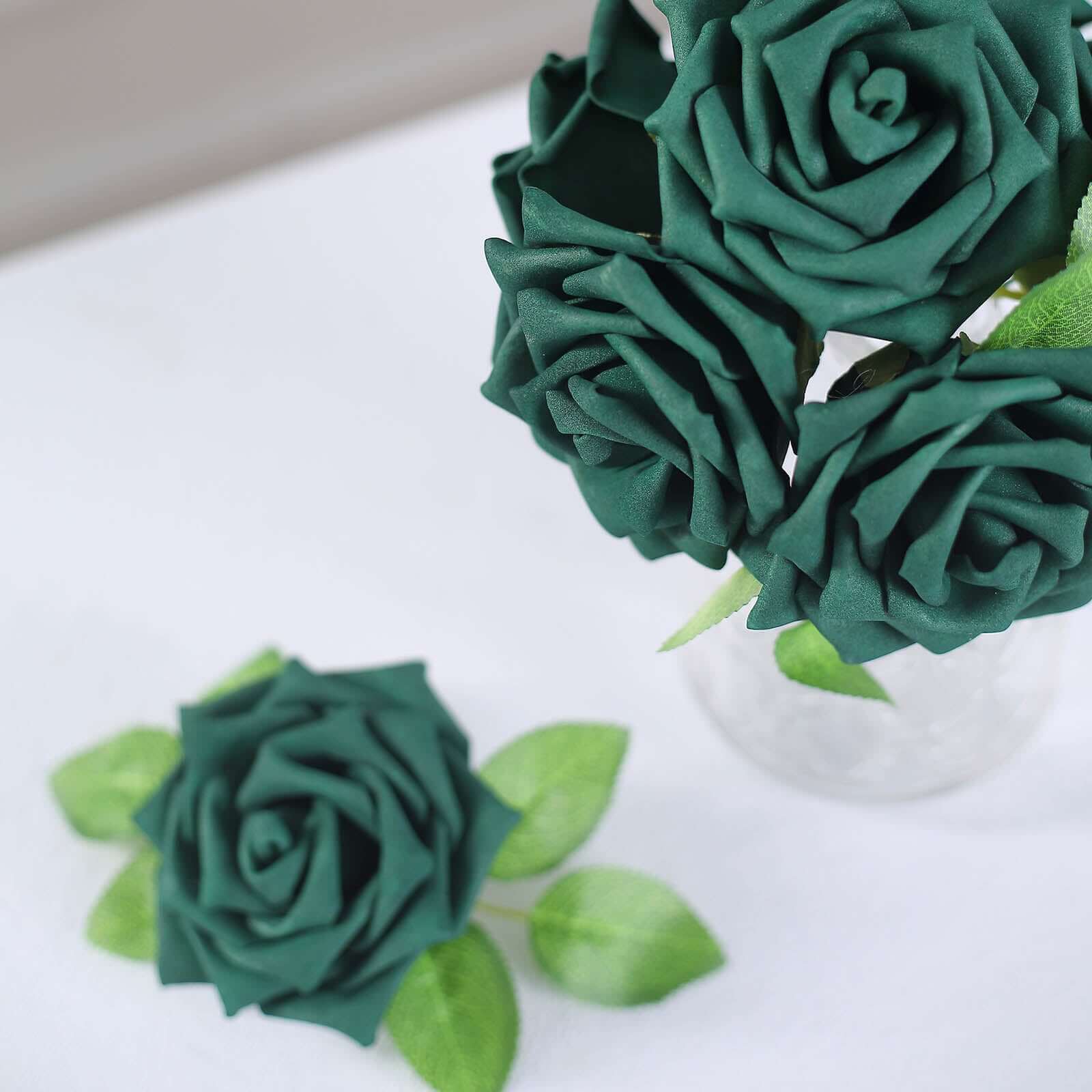 24 Roses 5" Hunter Emerald Green Artificial Foam Flowers With Stem Wire and Leaves