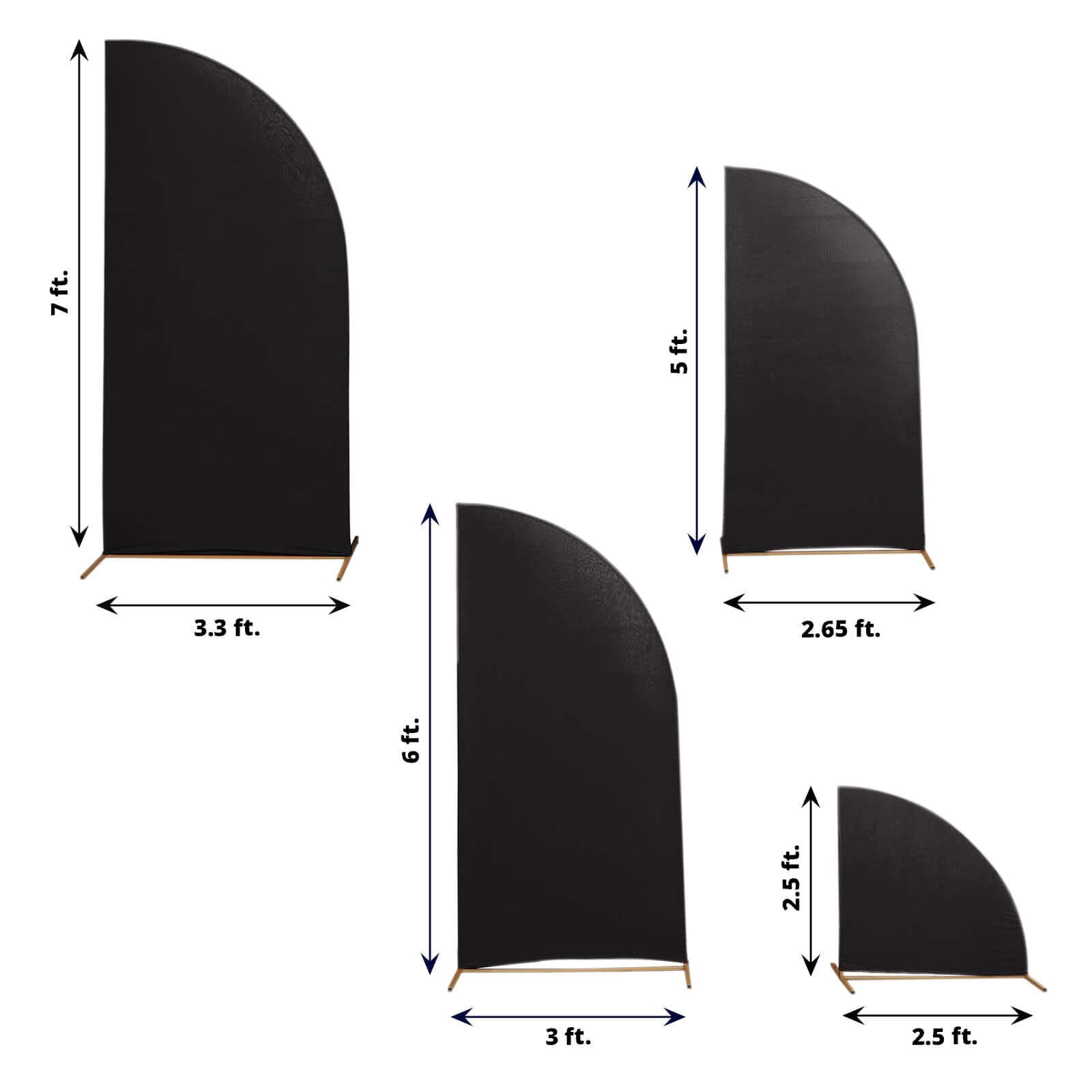 Set of 4 Matte Black Spandex Half Moon Chiara Backdrop Stand Covers, Custom Fitted Wedding Arch Covers - 2.5ft,5ft,6ft,7ft