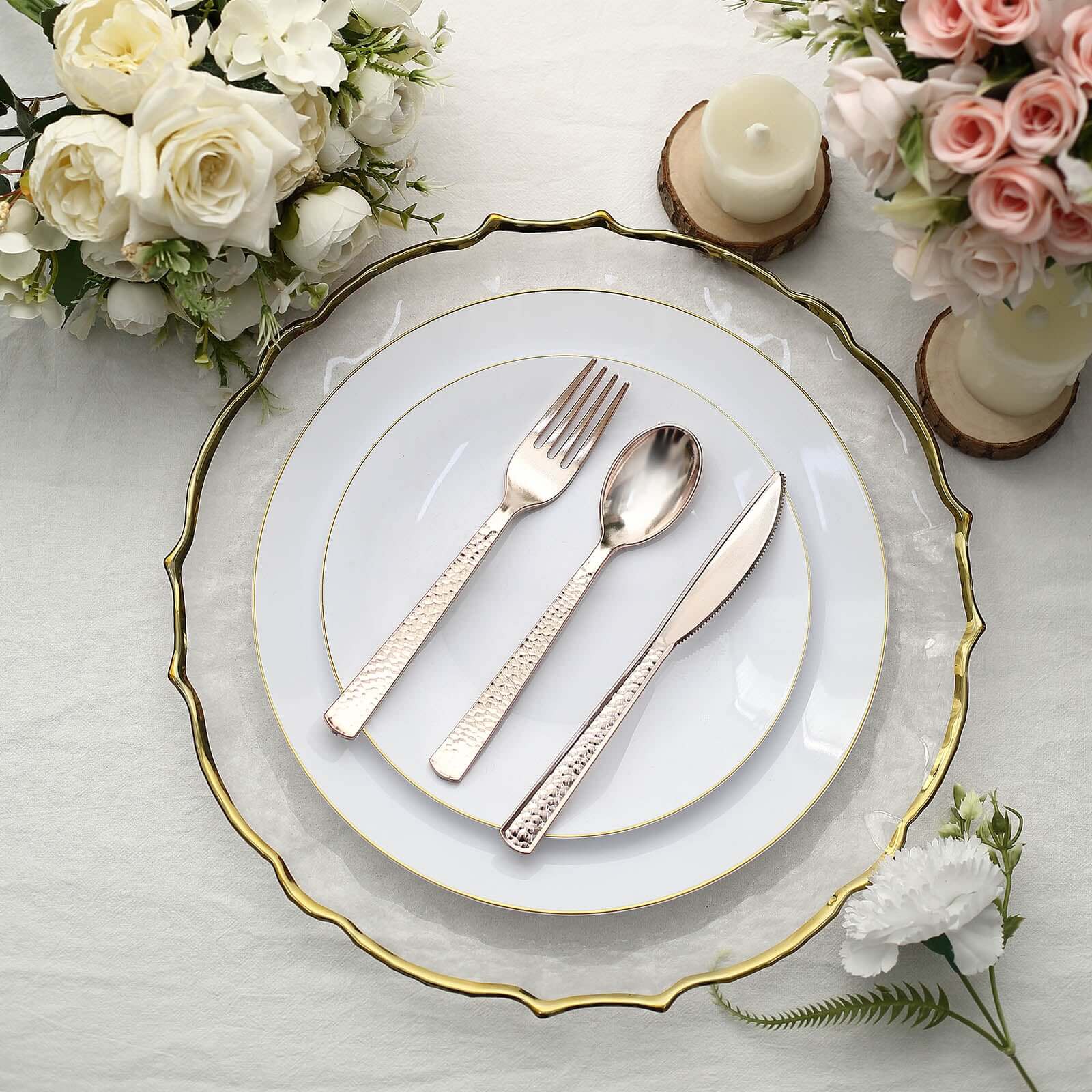 24-Pack Plastic Silverware Set with Hammered Design Rose Gold - Heavy Duty Disposable Utensils 7"